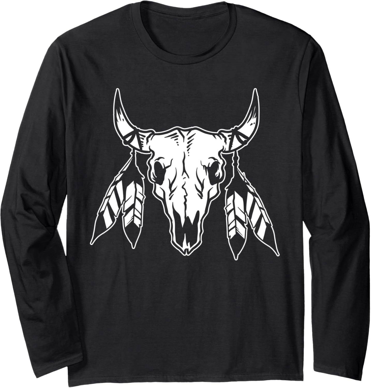 Bull Skull Tribal Feathers Native American Wolf Eagle Long Sleeve