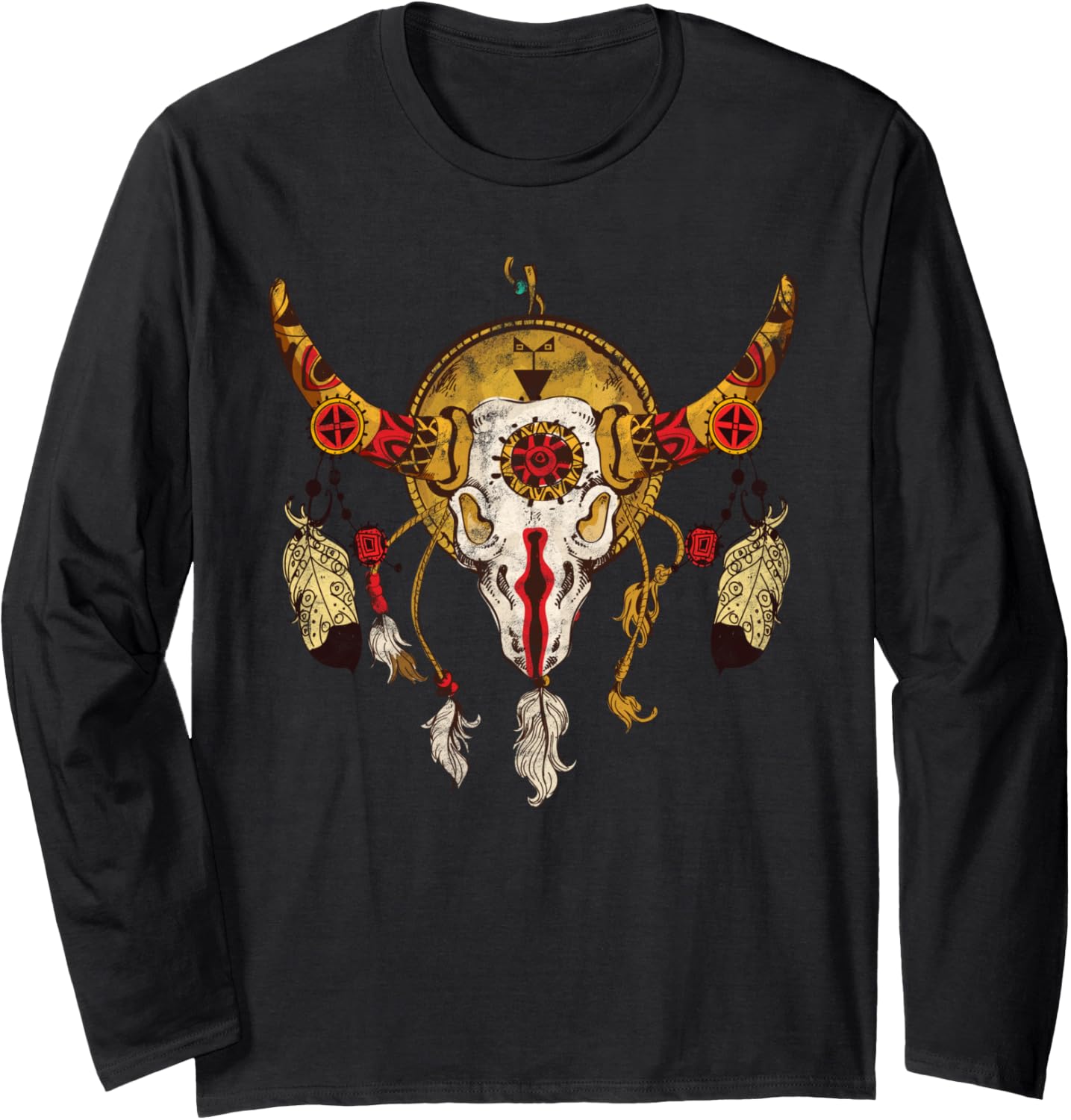 Bull Skull Tribal Design Feathers Eagle native american Long Sleeve
