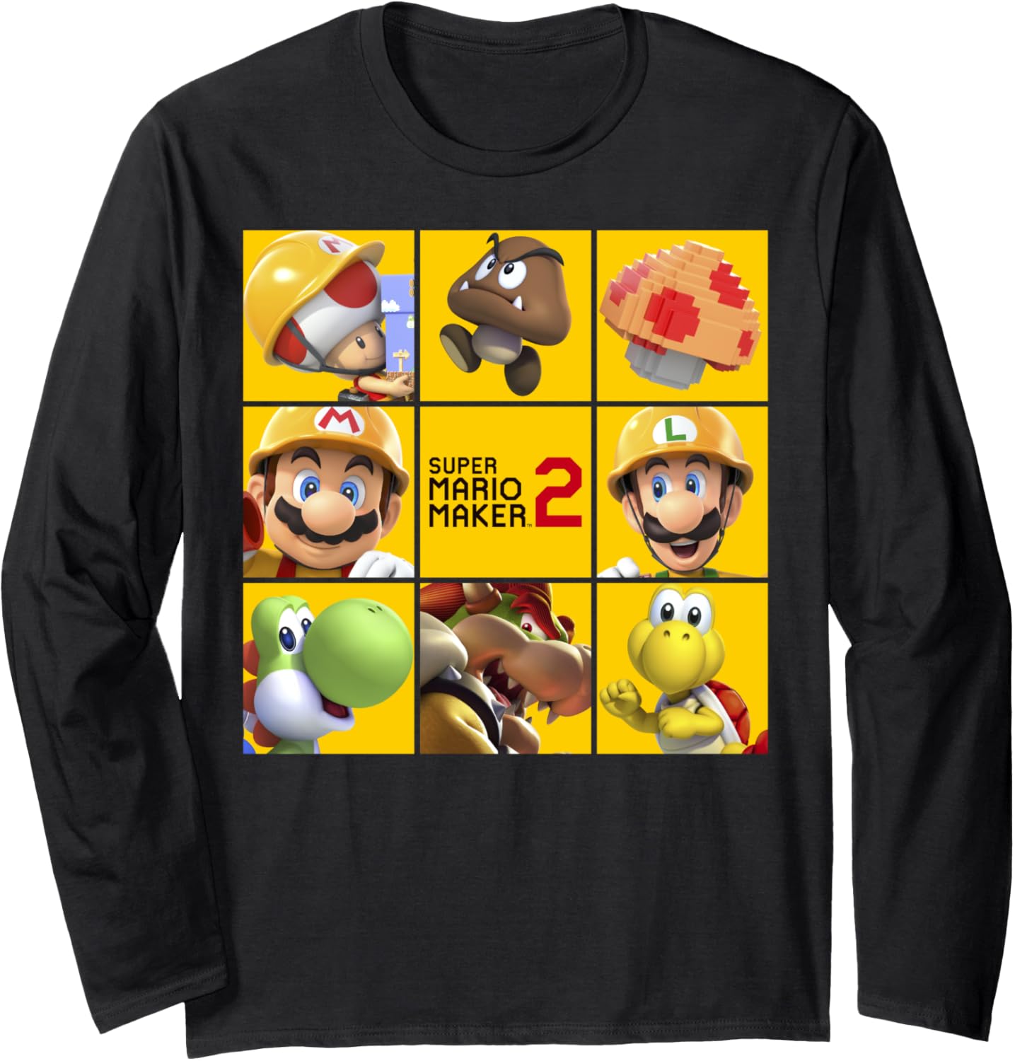 Super Mario Maker 2 Character Logo Box Grid Panel Long Sleeve