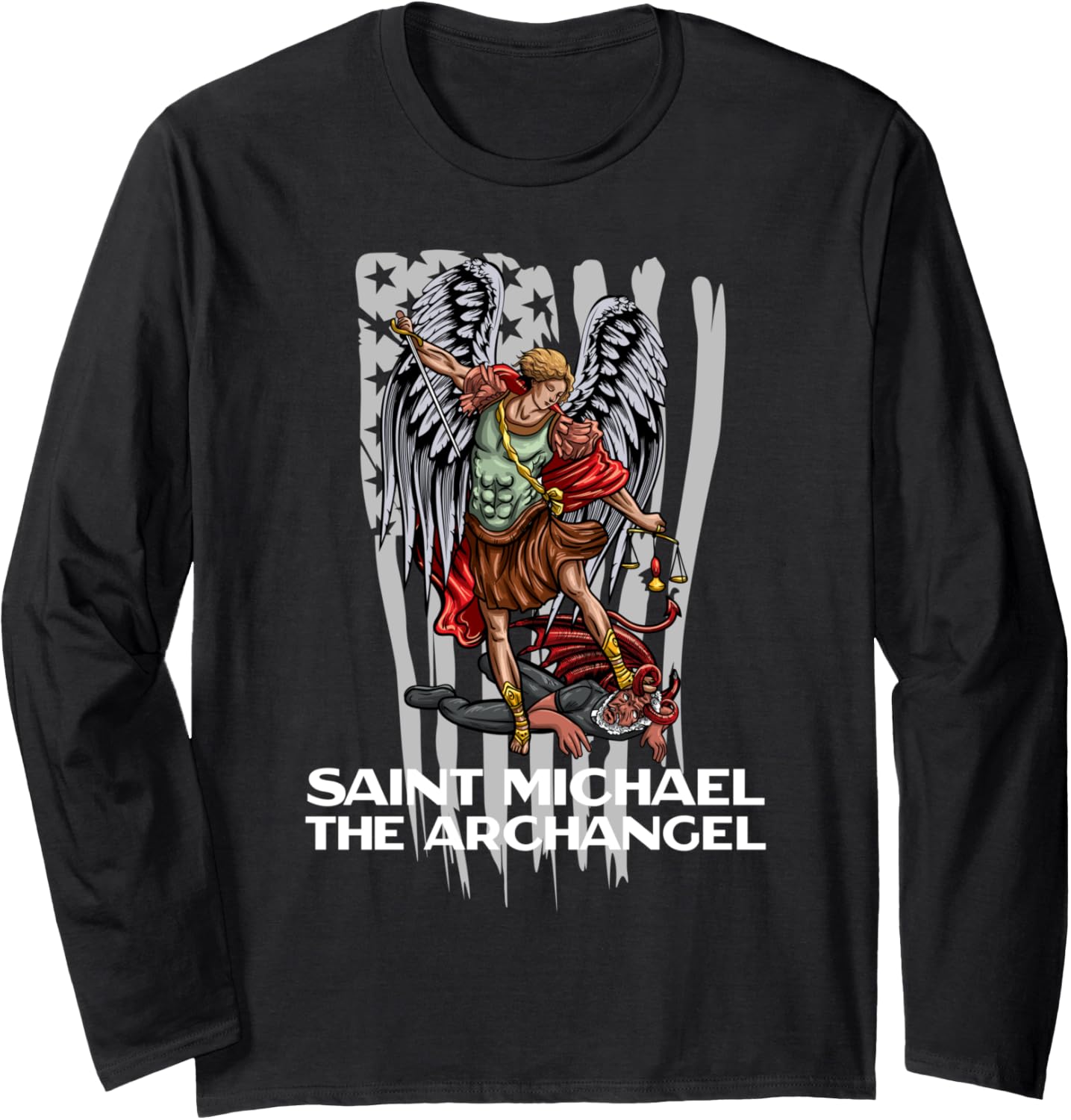 American Flag Saint Michael The Archangel Catholic Long Sleeve