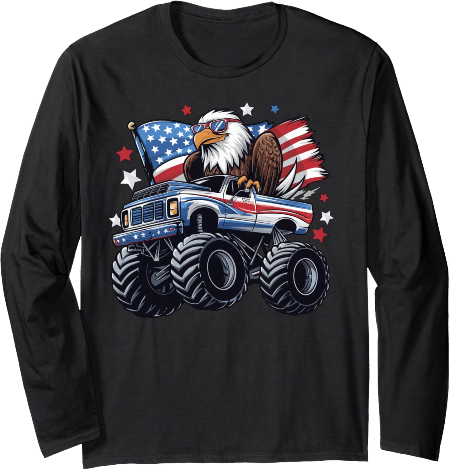 4th Of July Monster Truck Bald Eagle American Flag USA Boys Long Sleeve