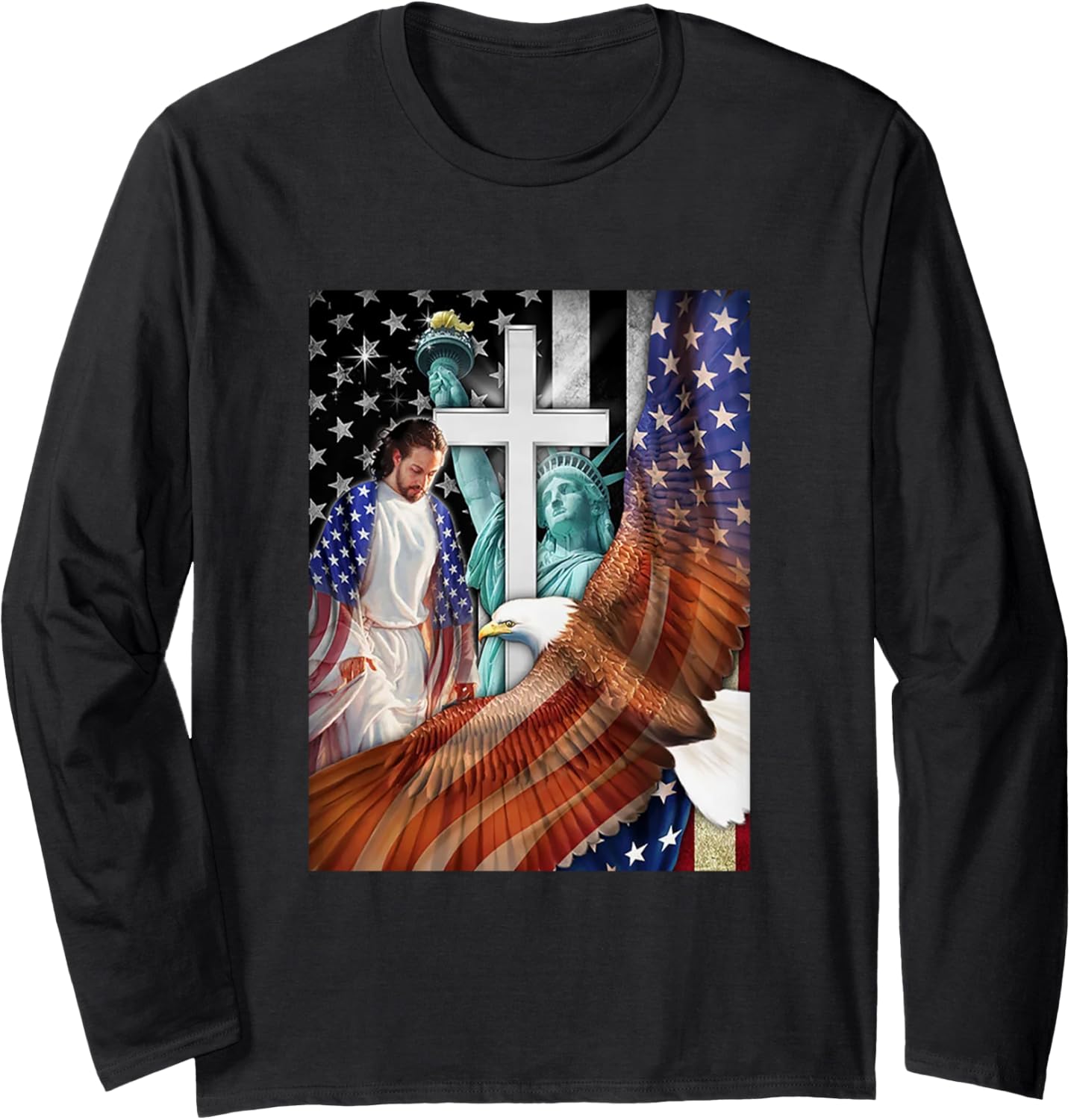 Bald Eagle with Jesus Christ and American Flag Long Sleeve