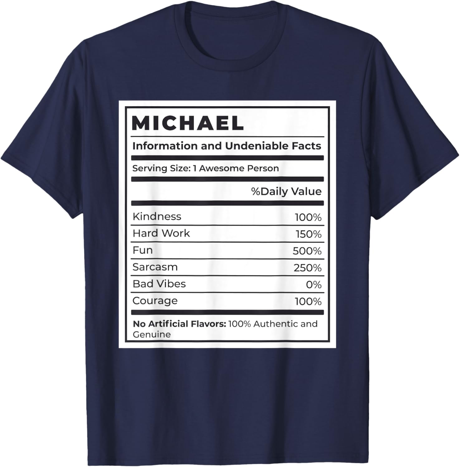 Catumet Names & Monograms Michael Nutritional Facts T-Shirt, Unisex, Blue, Small, Short Sleeve