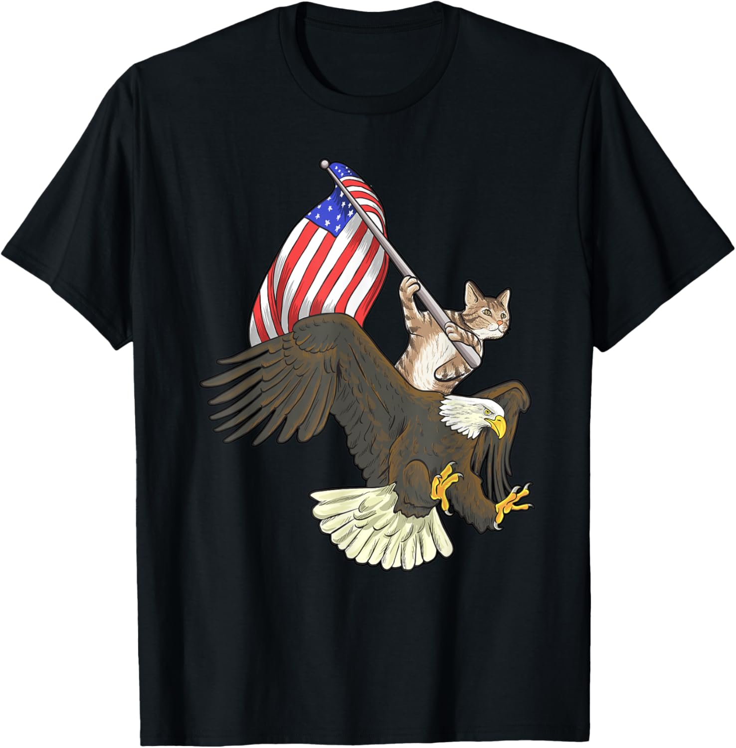 Cat Riding Eagle American Flag Shirt Graphic Tee Patriotic