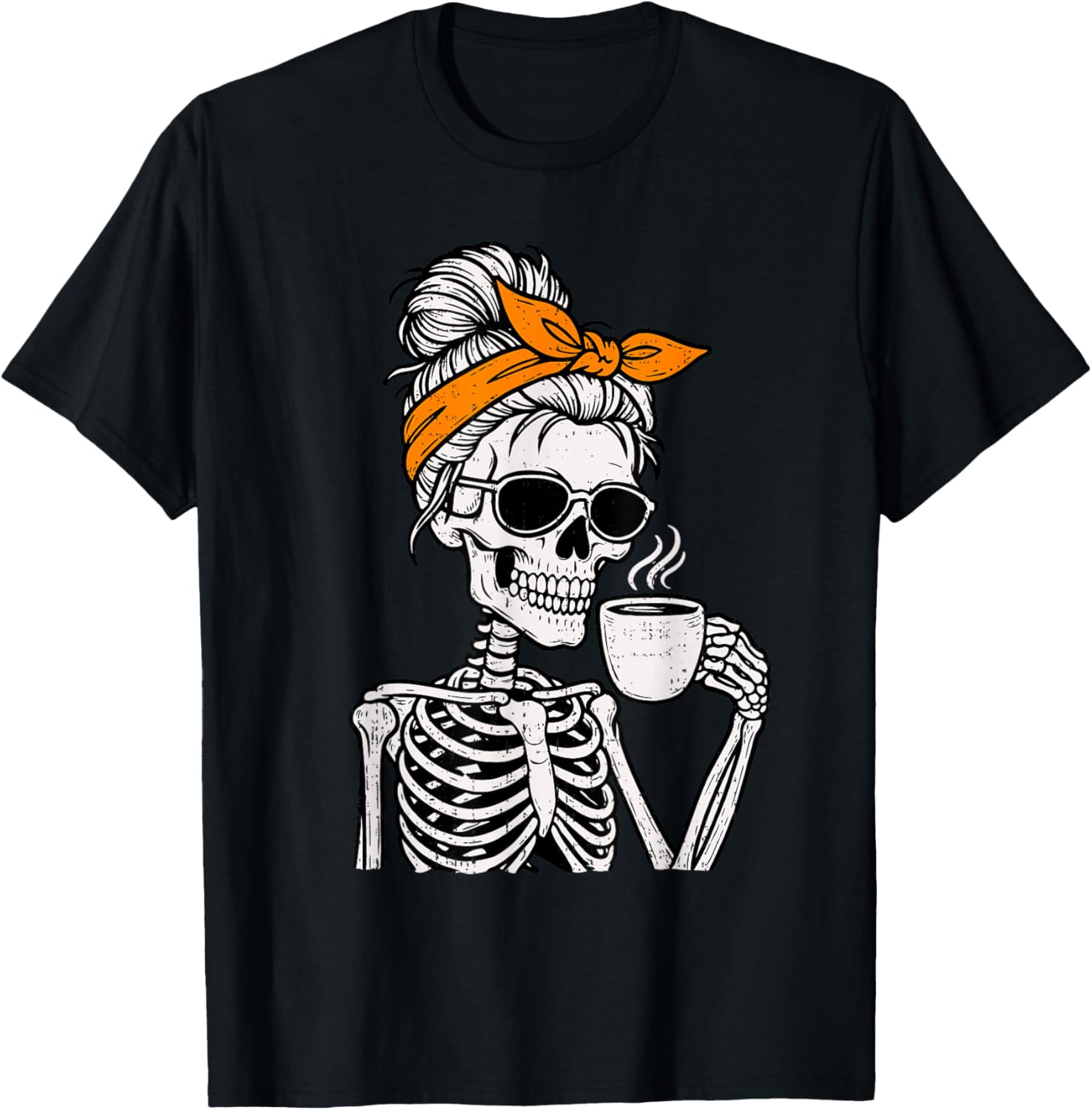 Skeleton Messy Bun Drinking Coffee Halloween Costume Womens