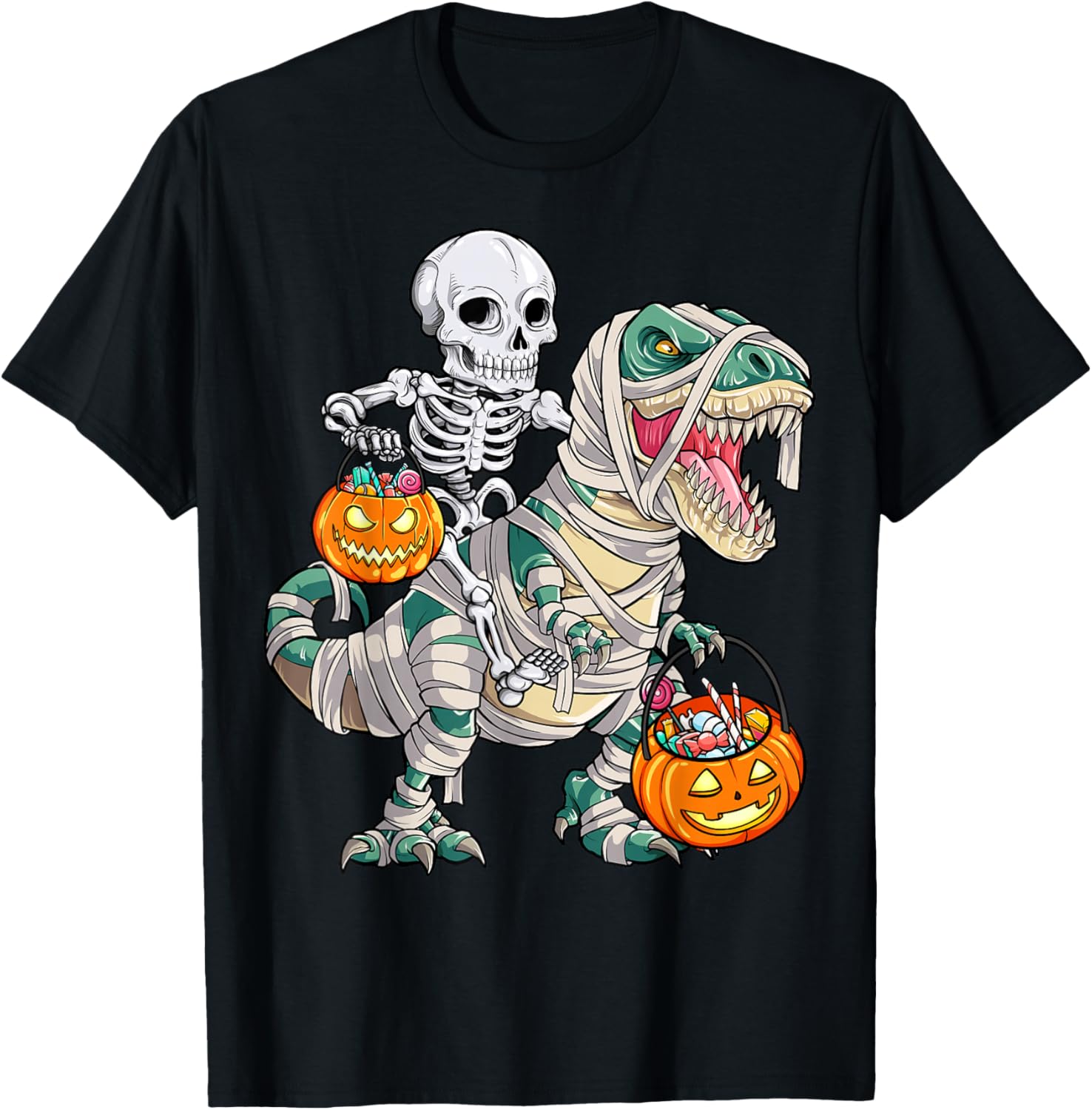Skeleton Riding Mummy Dinosaur T rex Halloween Funny Pumpkin