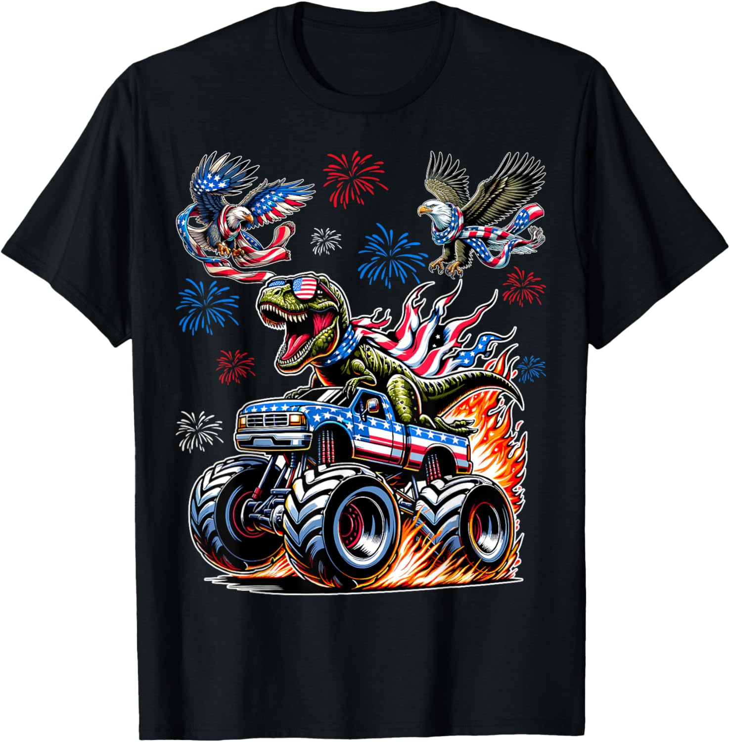 Dinosaur T-Rex Riding Monster Truck Patriotic Eagle USA Flag Women Men