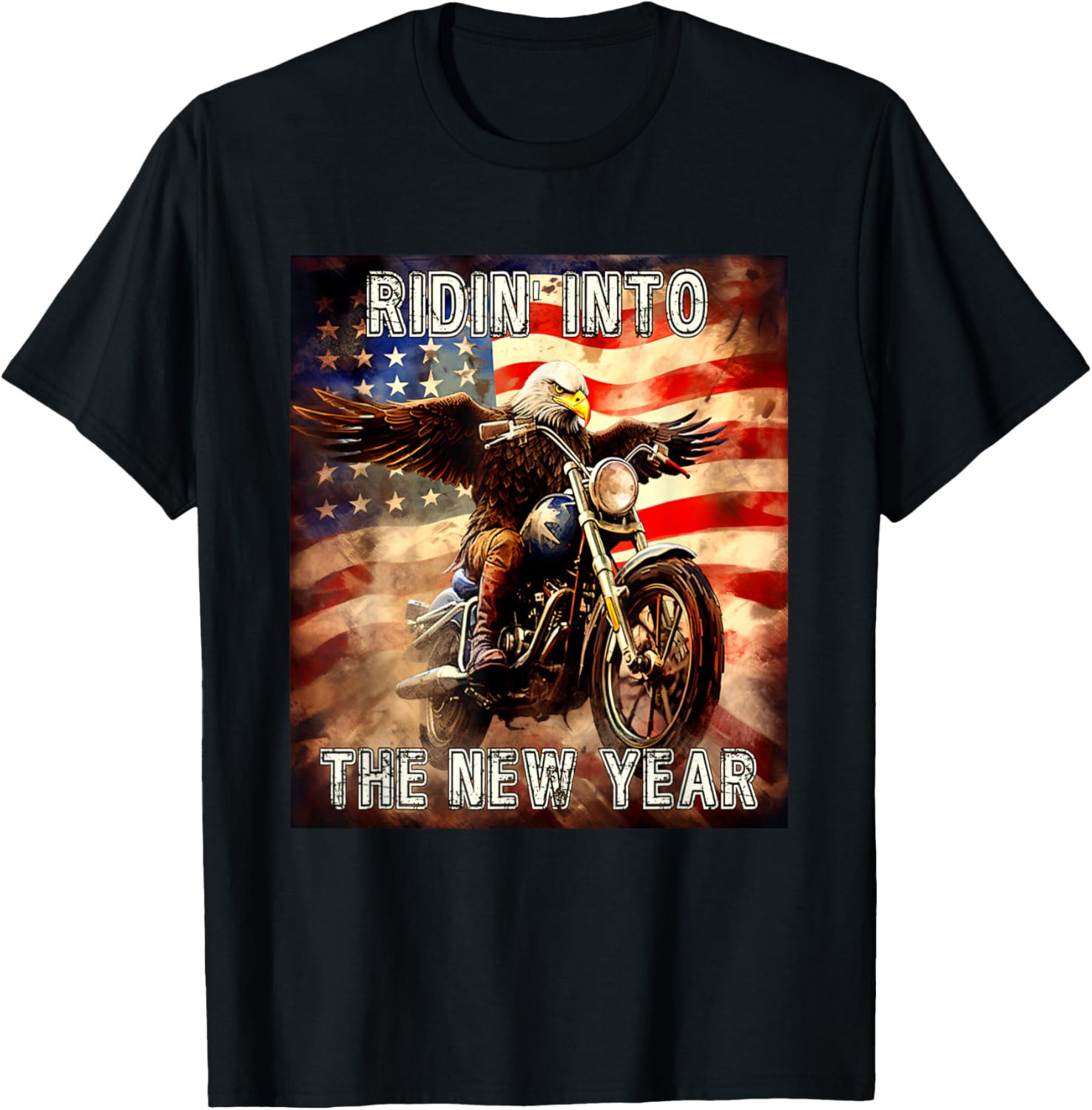 2024 New Years Bald Eagle Riding Motorcycle American Flag T-Shirt for Women Kids Men