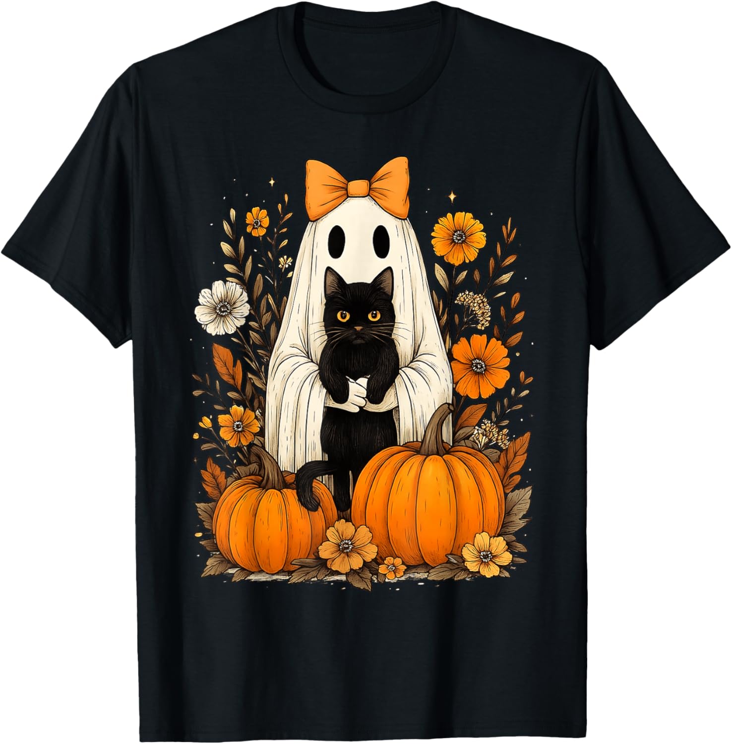 Vintage Halloween Ghost Holding Black Cat Groovy Floral