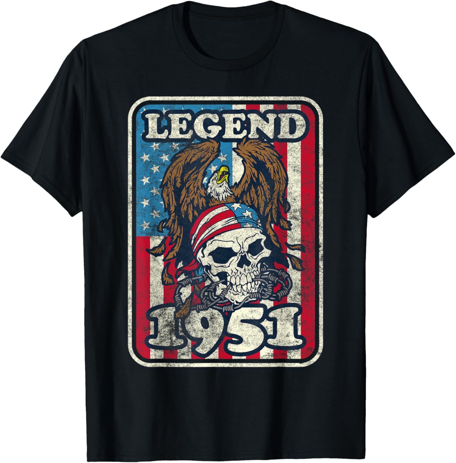 Birthday Legend 1951 Bald Eagle Skull American Flag USA T-Shirt for Women Kids Men