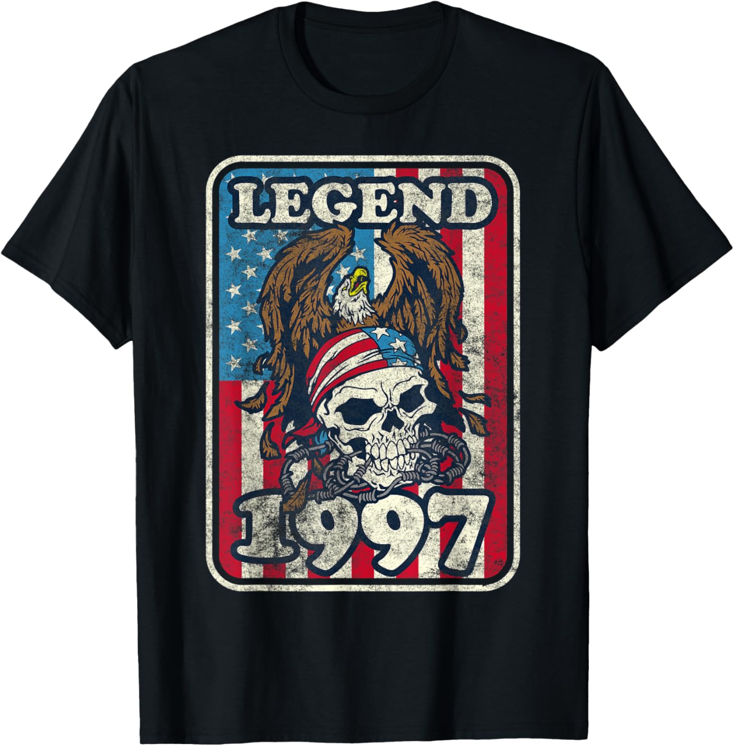 Birthday Legend 1997 Bald Eagle Skull American Flag USA T-Shirt for Women Kids Men
