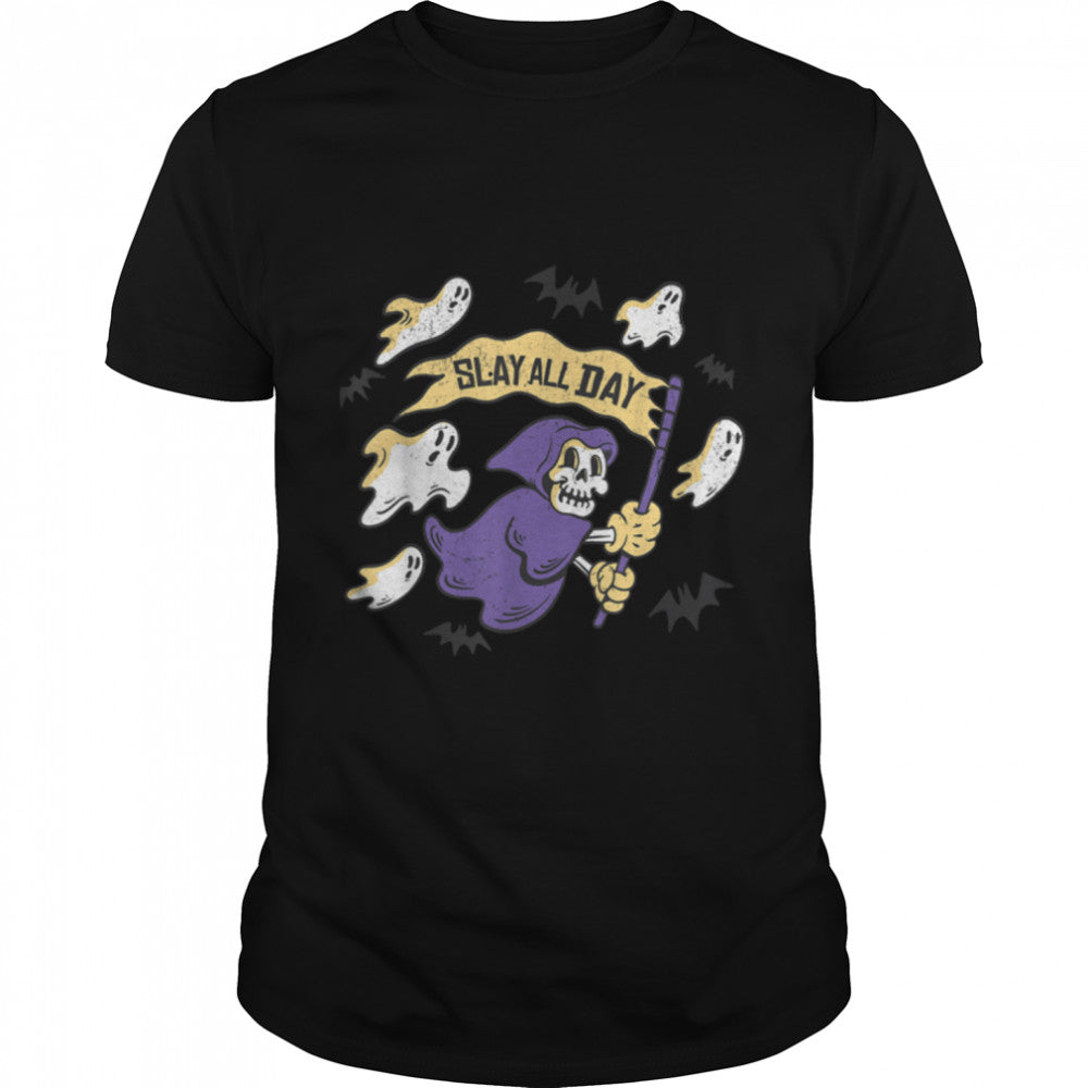 Cartoon Ghosts and Skeleton Halloween Outfit Slay All Day T Shirt B0B9SSB6YP