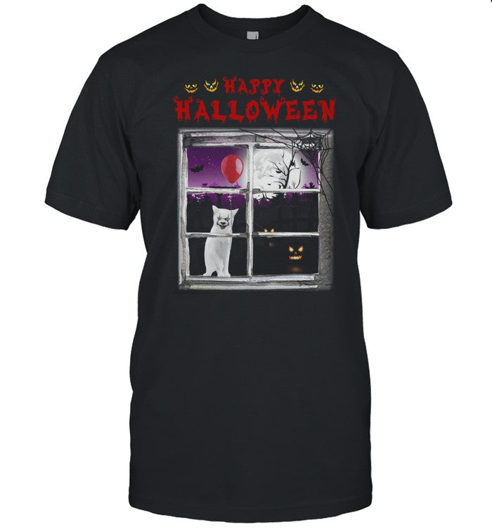 Cat sit next to window happy halloween shirt