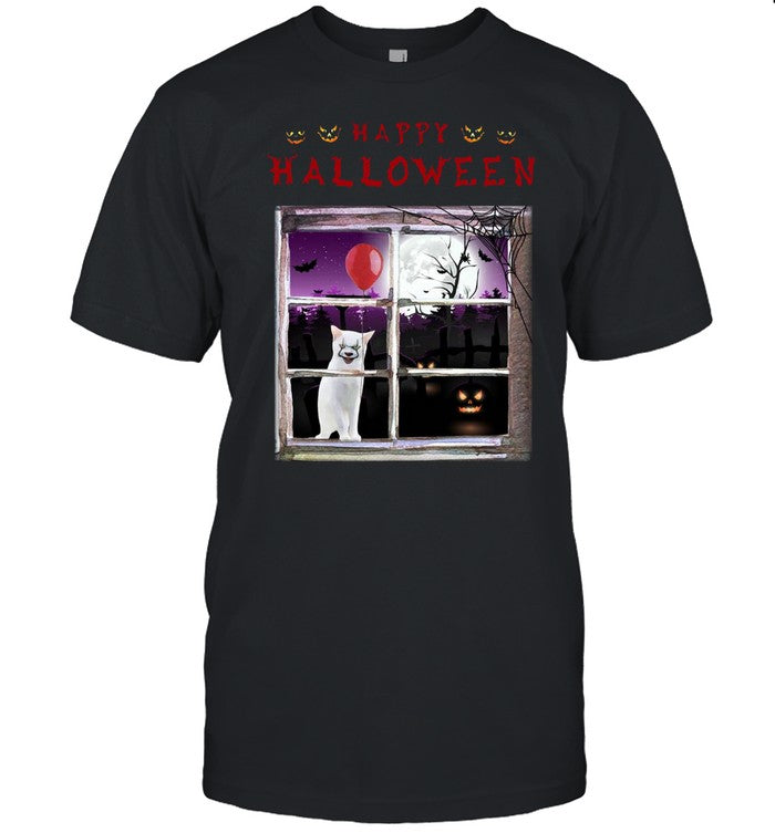 Cat Sit Next To Window Happy Halloween T shirt