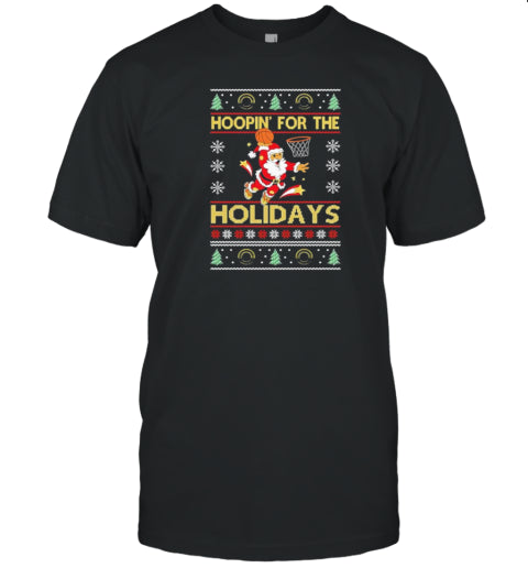 Christmas Basketball Hoopin&#39; For The Holidays Santa Ugly Xmas T Shirt
