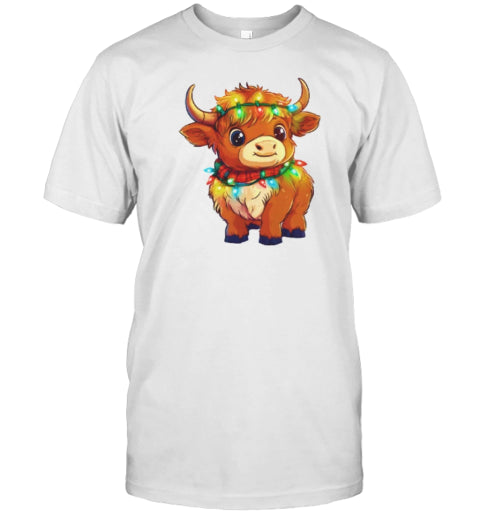 Cute Christmas Lights Baby Scottish Highland Cow T Shirt