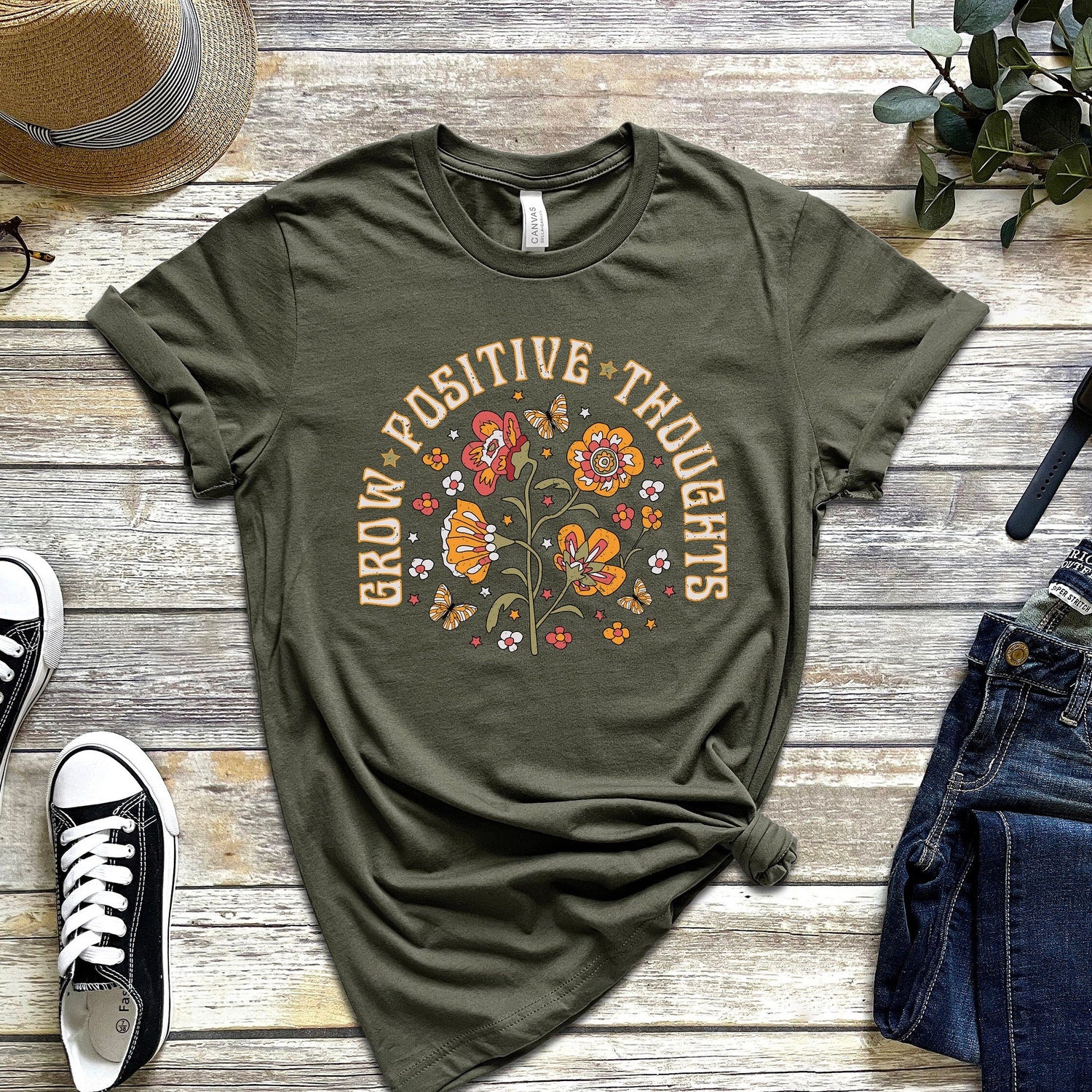 Grow Positive Thoughts Tee, Floral T-shirt, Bohemian Style Shirt, Butterfly Shirt, Trending Right Now, Women's Graphic T-shirt, Love Tee