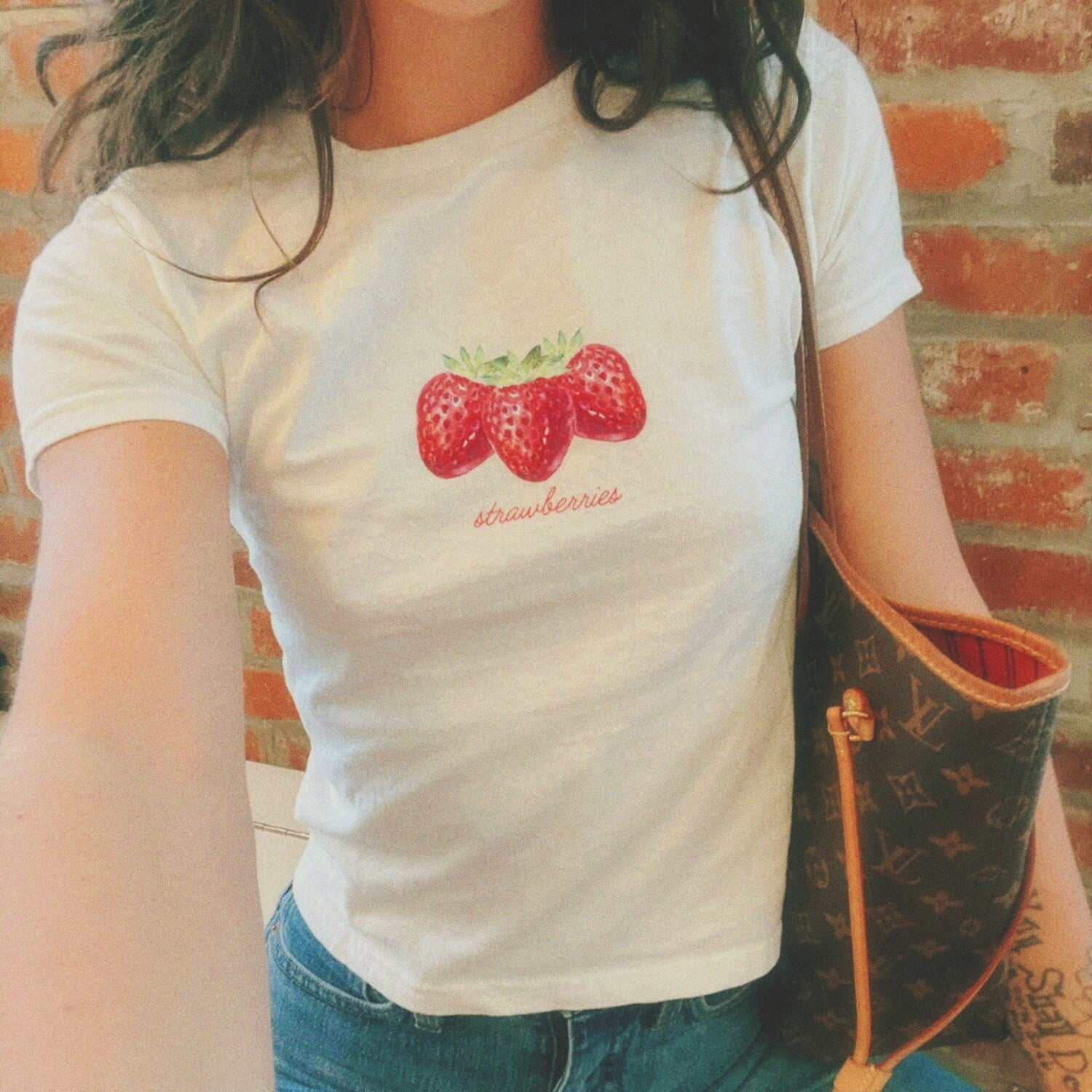 strawberries baby tee | cute tshirt, aesthetic baby tee, cottage core, coquette tee, 90s baby tee, fruit, soft girl baby tee, gifts for her