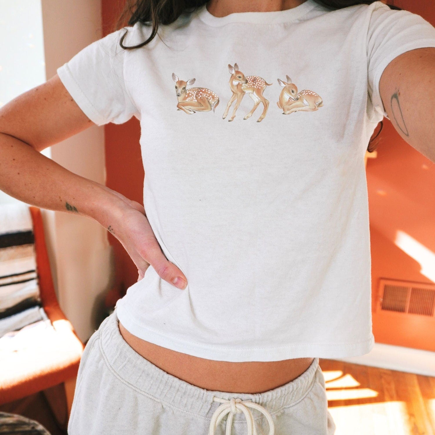 Trendy Fawn Y2K Baby Tee, Coquette Shirt, Balletcore Crop Top, 90s Baby Tee, Downtown Girl, Teenage Girl Gift,Trendy Baby Deer Graphic Shirt
