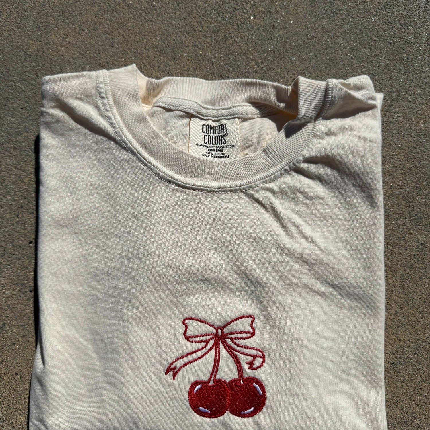 Cherries Coquette Bow Embroidered Comfort Colors T-Shirt, Cute Minimalist Shirt