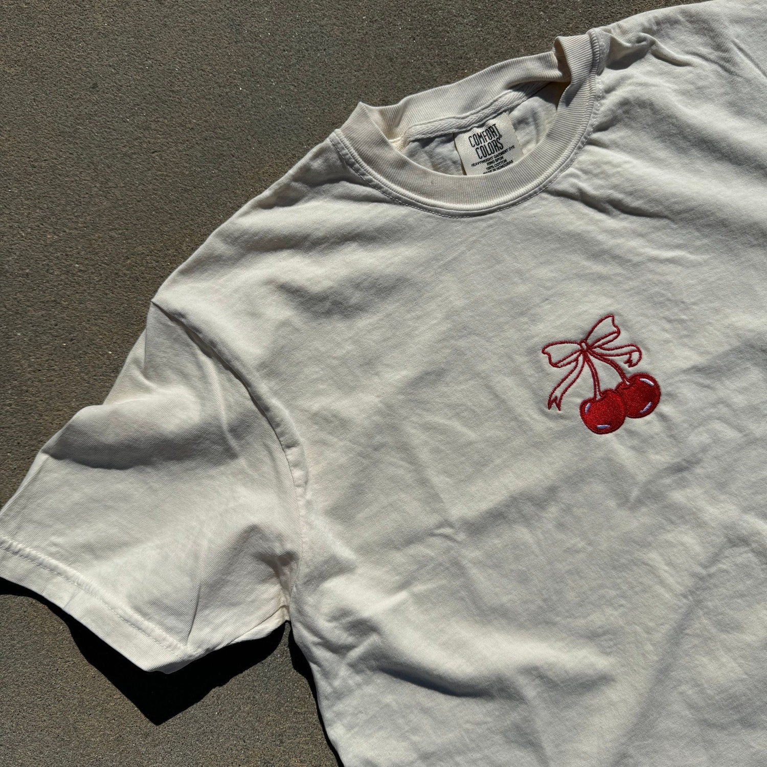 Cherries Coquette Bow Embroidered Comfort Colors T-Shirt, Cute Minimalist Cherry Shirt