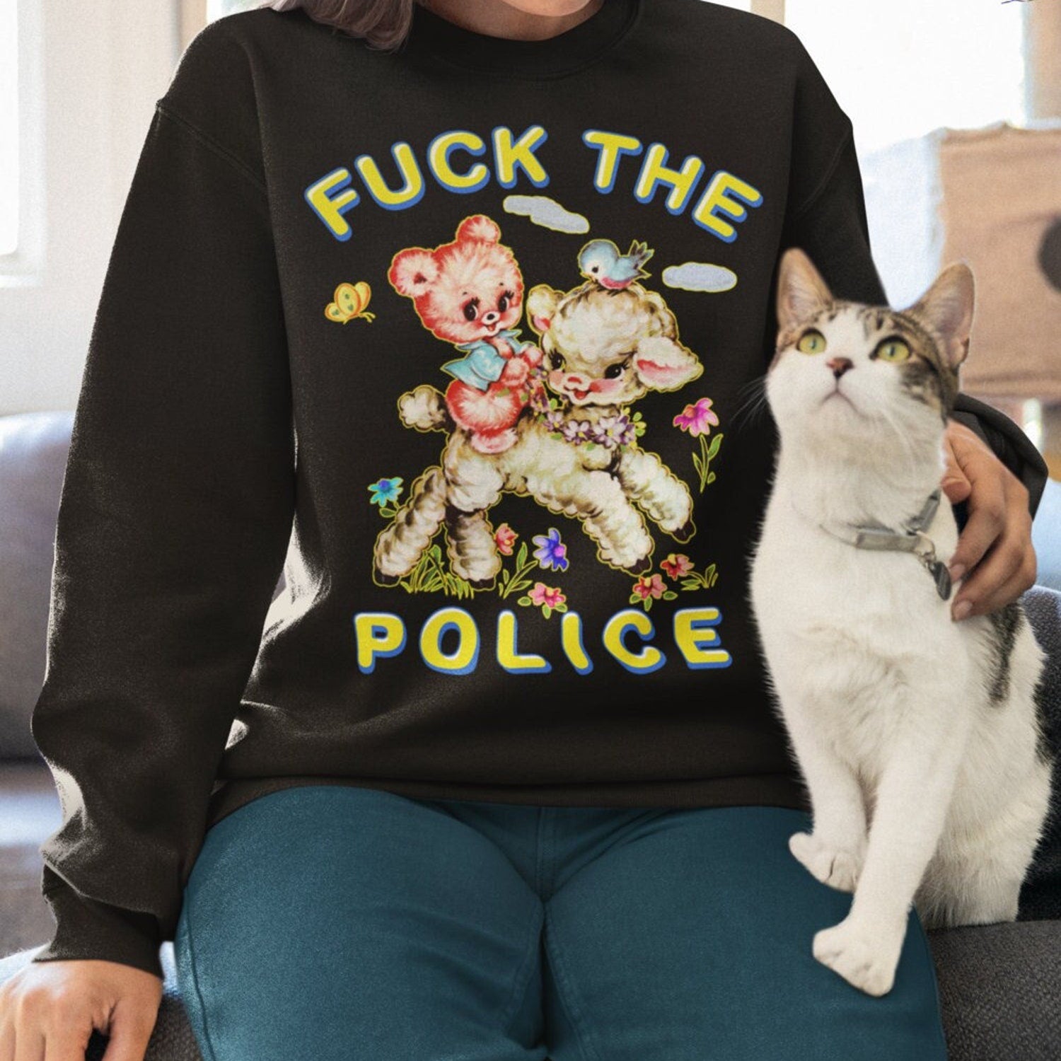 Cute Retro Baby Sheep F*ck The Police Sweatshirt, ACAB De-fund Protest Tee, Vintage Aesthetic Shirt, Funny Gift for an Activist