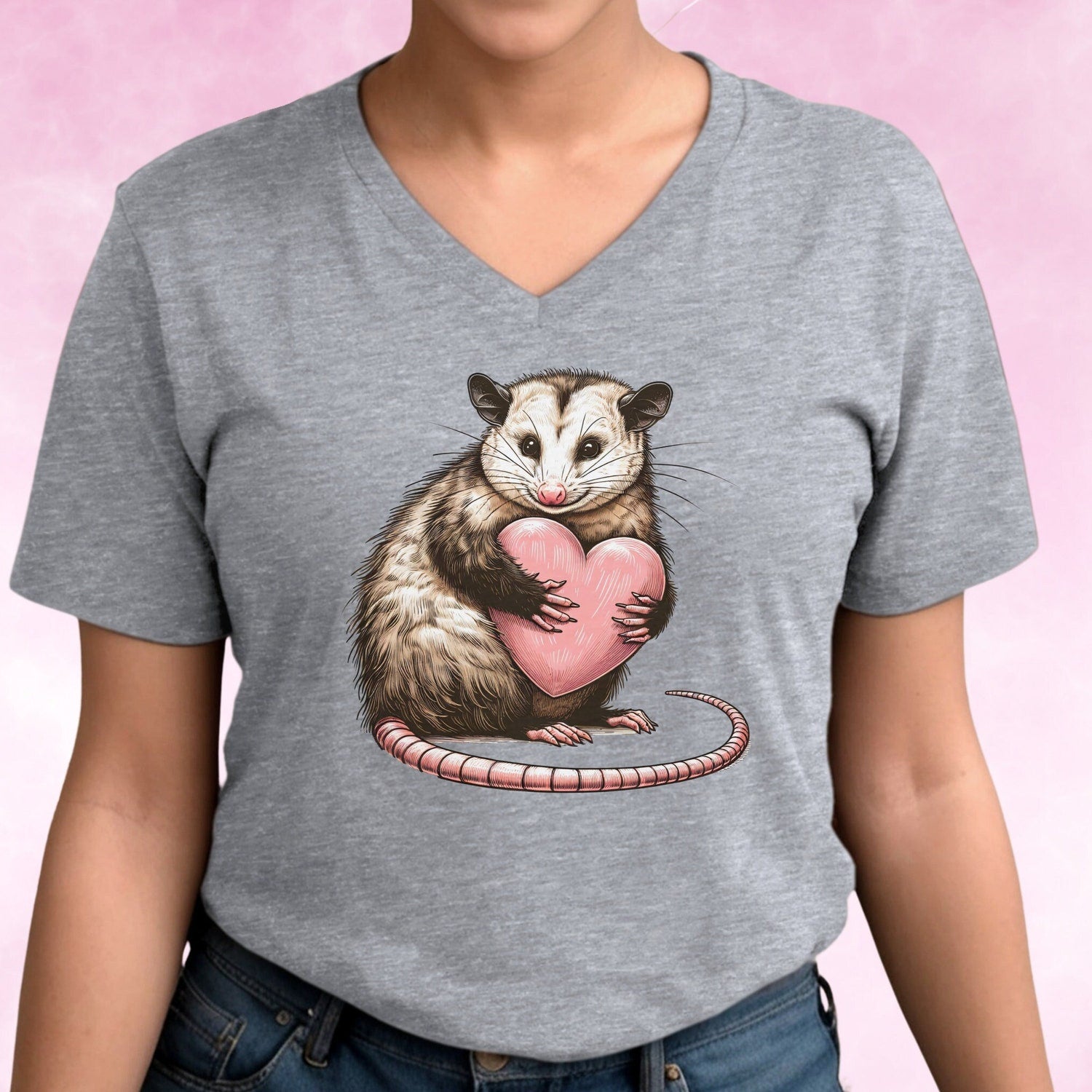 Cute Possum with Pink Heart Shirt, Funny Opossum T-shirt for Animal Lovers, Possumcore Tee, Crewneck of V-Neck Styles, Benefits Nonprofit