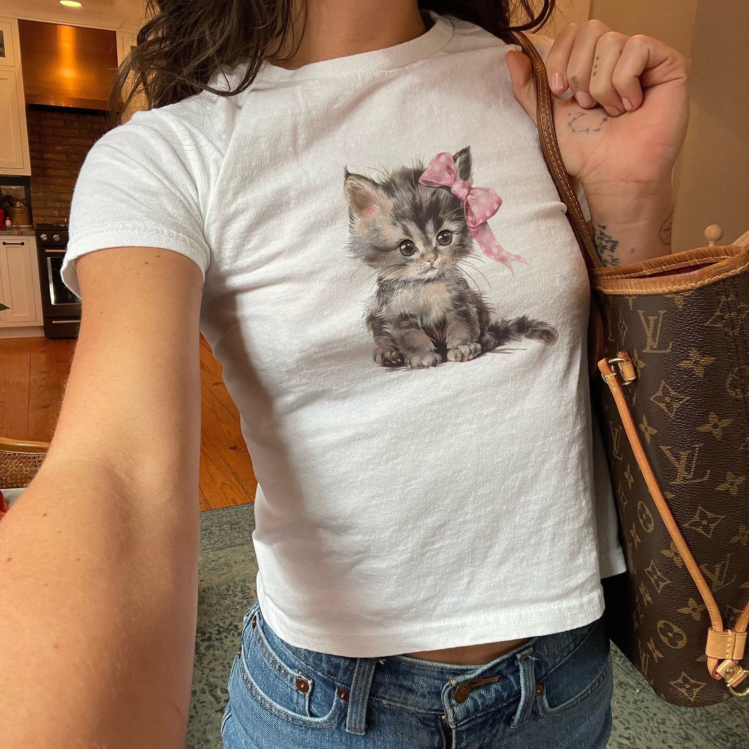 Coquette Kitty Baby Tee | Cute Cat Shirt | Y2K Baby Tee | Coquette Aesthetic Tee | Cute Baby Tee | Y2K Clothing | Cute Graphic Tee