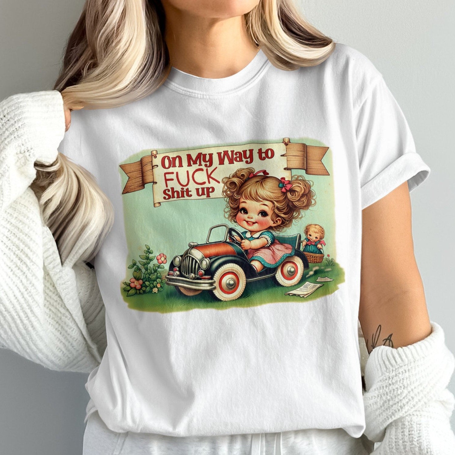Vintage Cute Girl Driving Car, On My Way to Funny Retro Style T-Shirt, Quirky Humorous Graphic Tee, Unique Nostalgic Shirt Gift