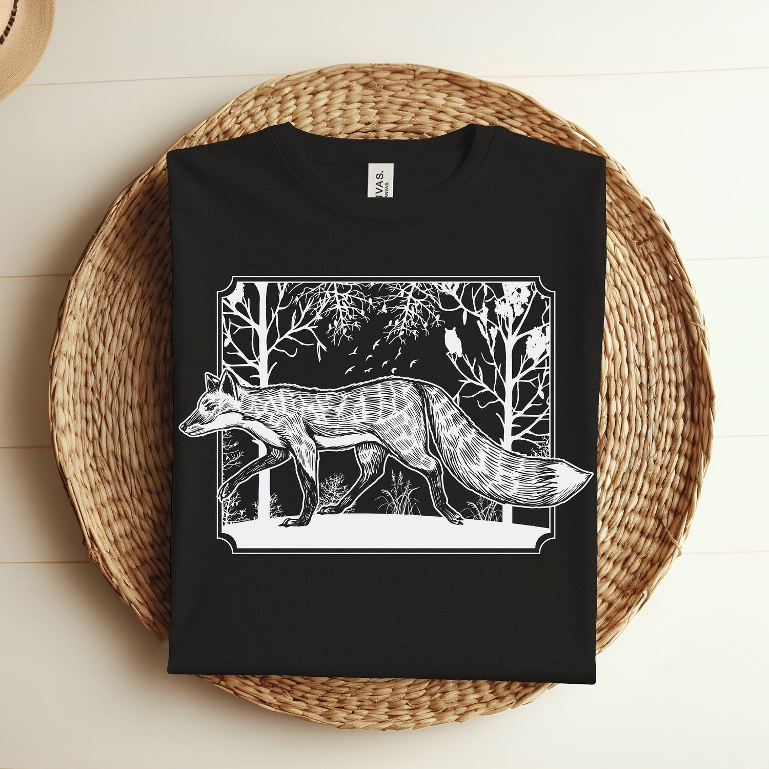Vintage Folklore Fox T-Shirt, Linoprint TShirt, Cottagecore Aesthetic Shirt, Wildlife Tee, Forest Animal Shirt, Bohemian Folksy Art Apparel,