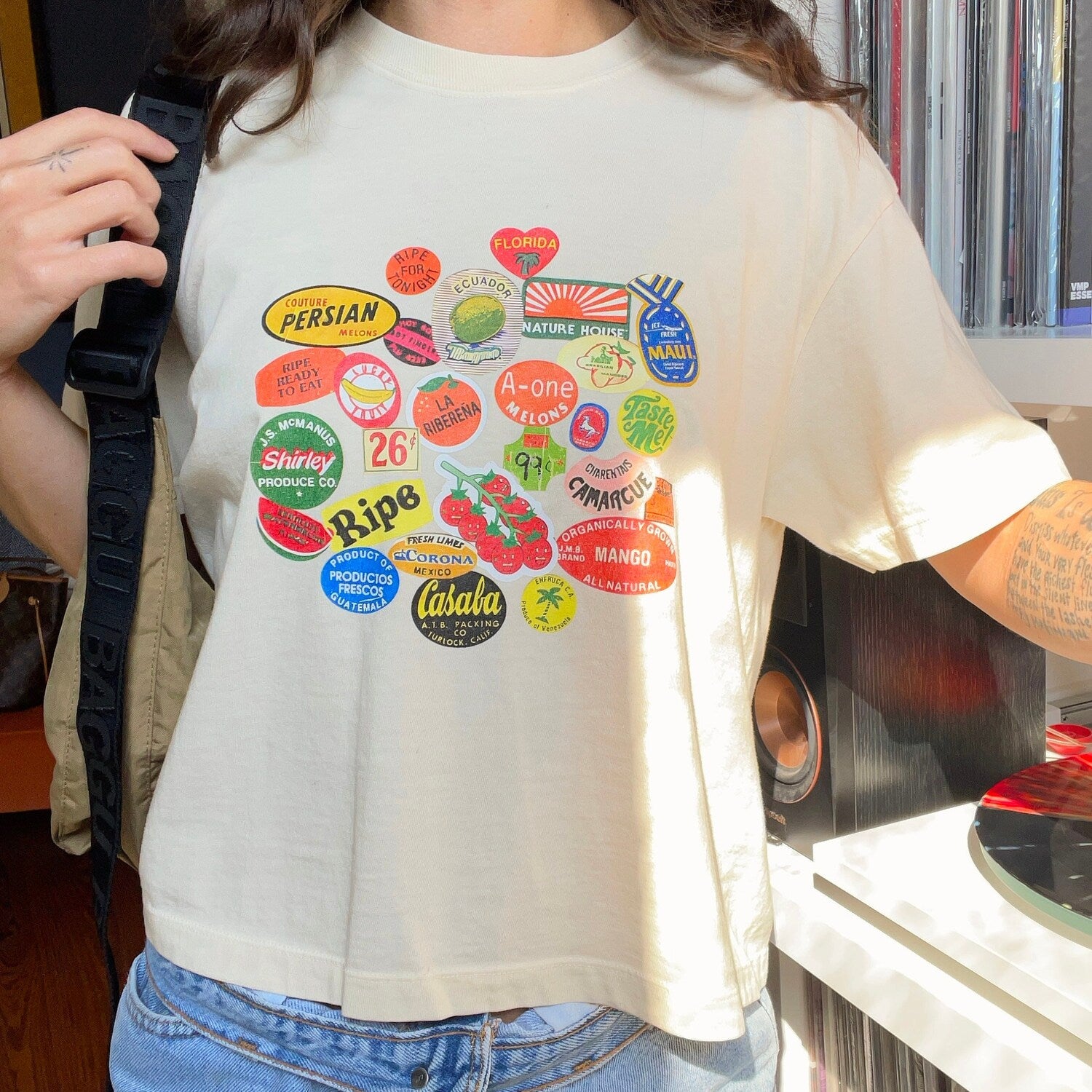 Fruit Sticker Boxy Tee, Y2K Trendy Crop Collage Style Shirt, Vintage Graphic Crop Top, Unique Trendy Cropped Tee, Ephemera Aesthetic Shirt