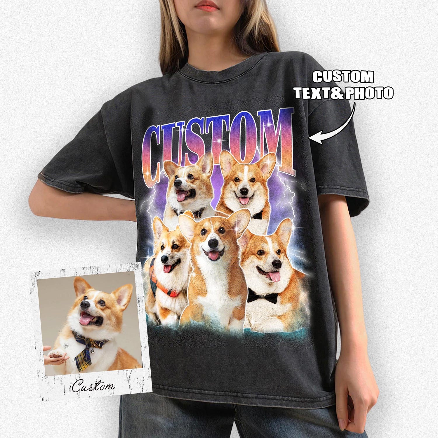 Custom Vintage Pet Photo T-Shirt: 90s Bootleg Retro Tee, Personalized Dog Mom/Cat Dad Gift