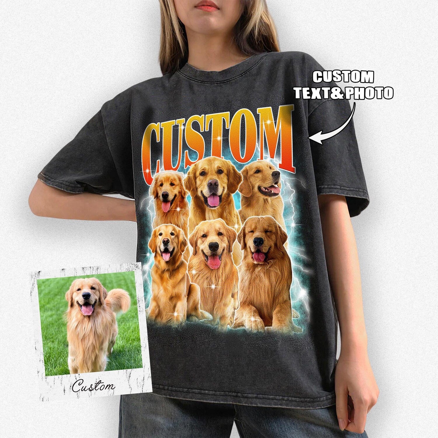 Custom Vintage Pet Photo + Name T-Shirt, Personalized Dog Mom Shirt, Cat Dad Shirt, Bootleg 90's Retro Tee Birthday Gift, Gift For Her