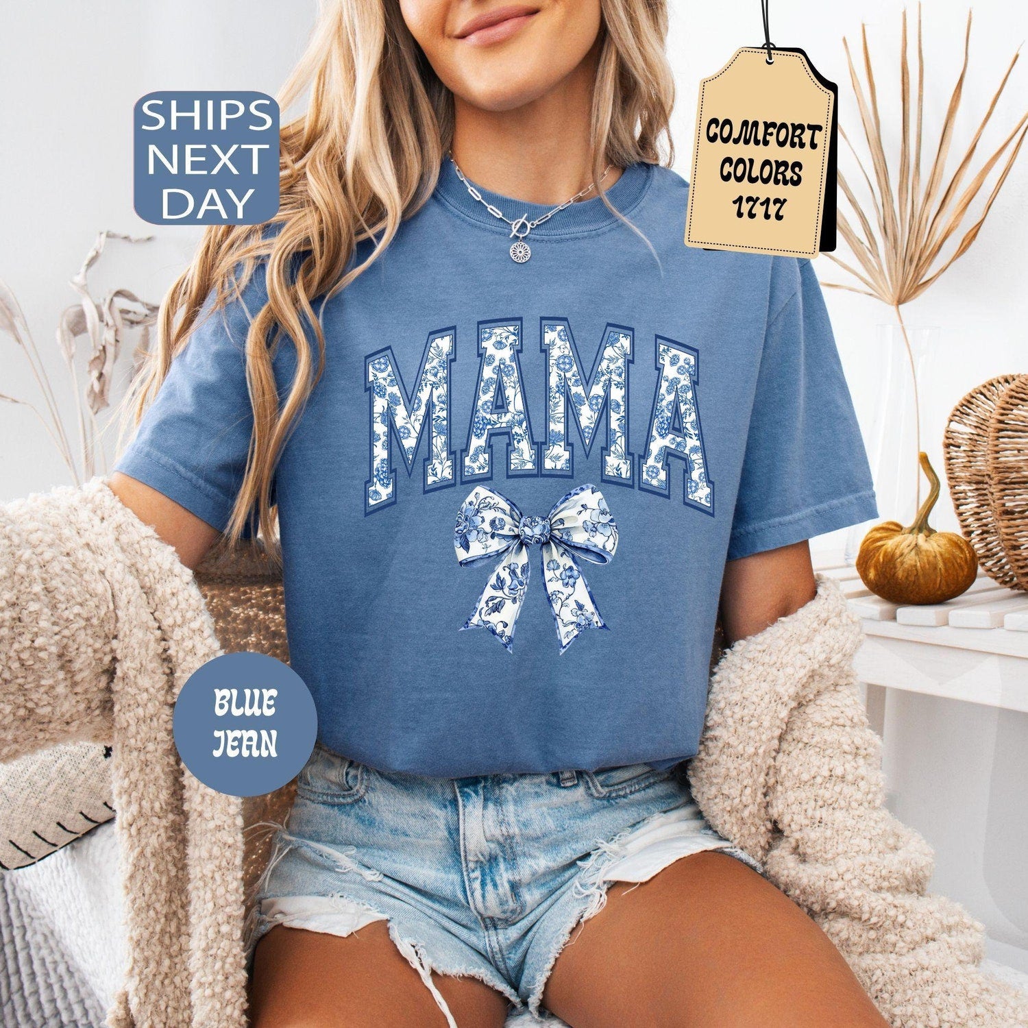 Comfort ColorsÂ® Mama Shirt, Blue Ribbon Shirt, Mothers Day Gift, Aesthetic Gift For Mom, Cute Mom Shirt, Toile Bow Shirt, Chinoiserie Shirt