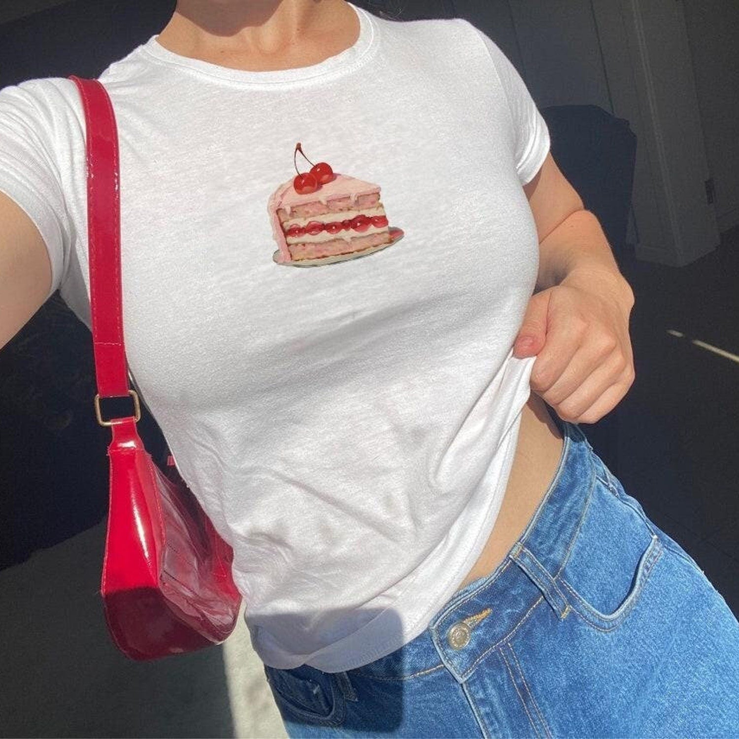 Cake Baby Tee Coquette Cherry y2k Baby Tee Valentines Day Pink Vintage Aesthetic Women's T-Shirt Trendy