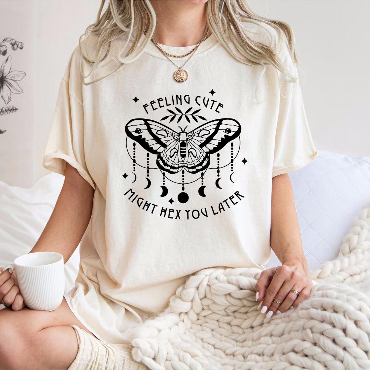 Feeling Cute Might Hex You Later T-shirt, Butterfly and Moon Graphic Tee, Witchy Aesthetic Shirt, Boho Butterfly Design, Cute Witch Shirt