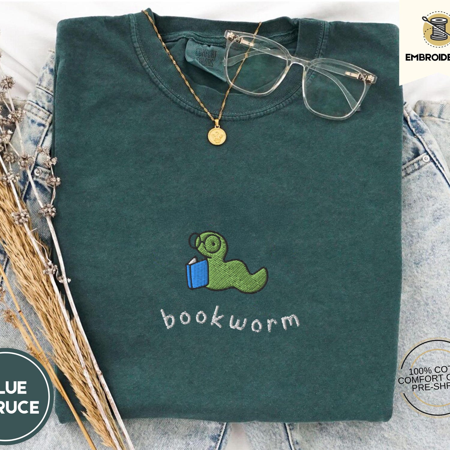 Bookworm Embroidered Tee â Cute Comfort Colors Shirt for Book Lovers, Bookish Gifts