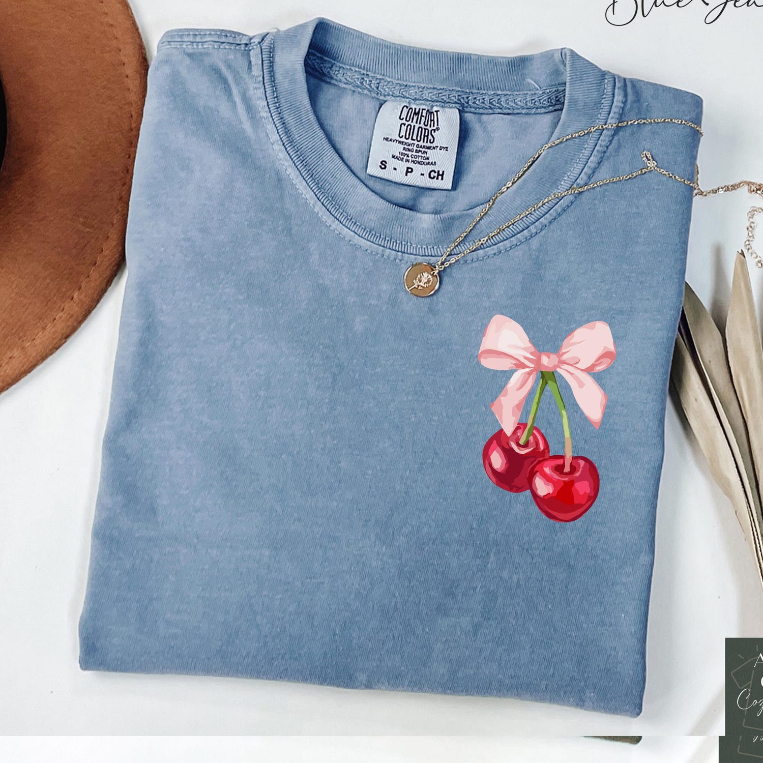 Comfort ColorsÂ® Cherry Bow Shirt, Coquette Aesthetic Tee, Cute Cherry T-Shirt, Girly Summer Shirt, Cottagecore Cherry Tee