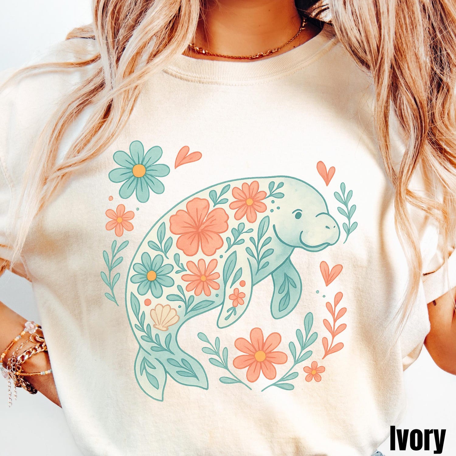 Floral Manatee Summer Shirt, Comfort ColorsÂ® Preppy Summer Beach Lover Shirt, Coastal Aesthetic Floral Tee, Ocean Lover Gift, Beach Vacation