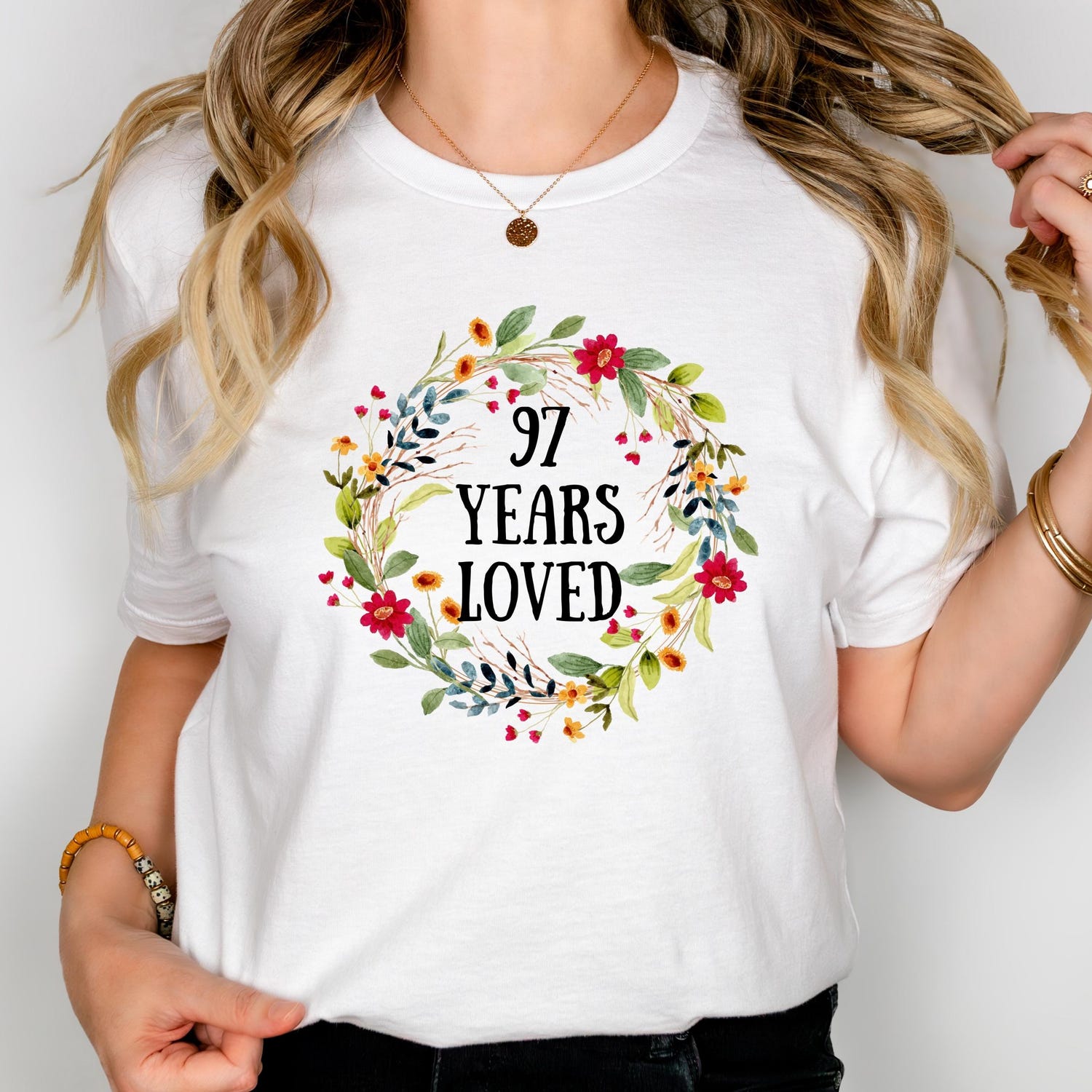 97th Birthday Gift T-Shirt: 97 Years Loved Floral Wreath