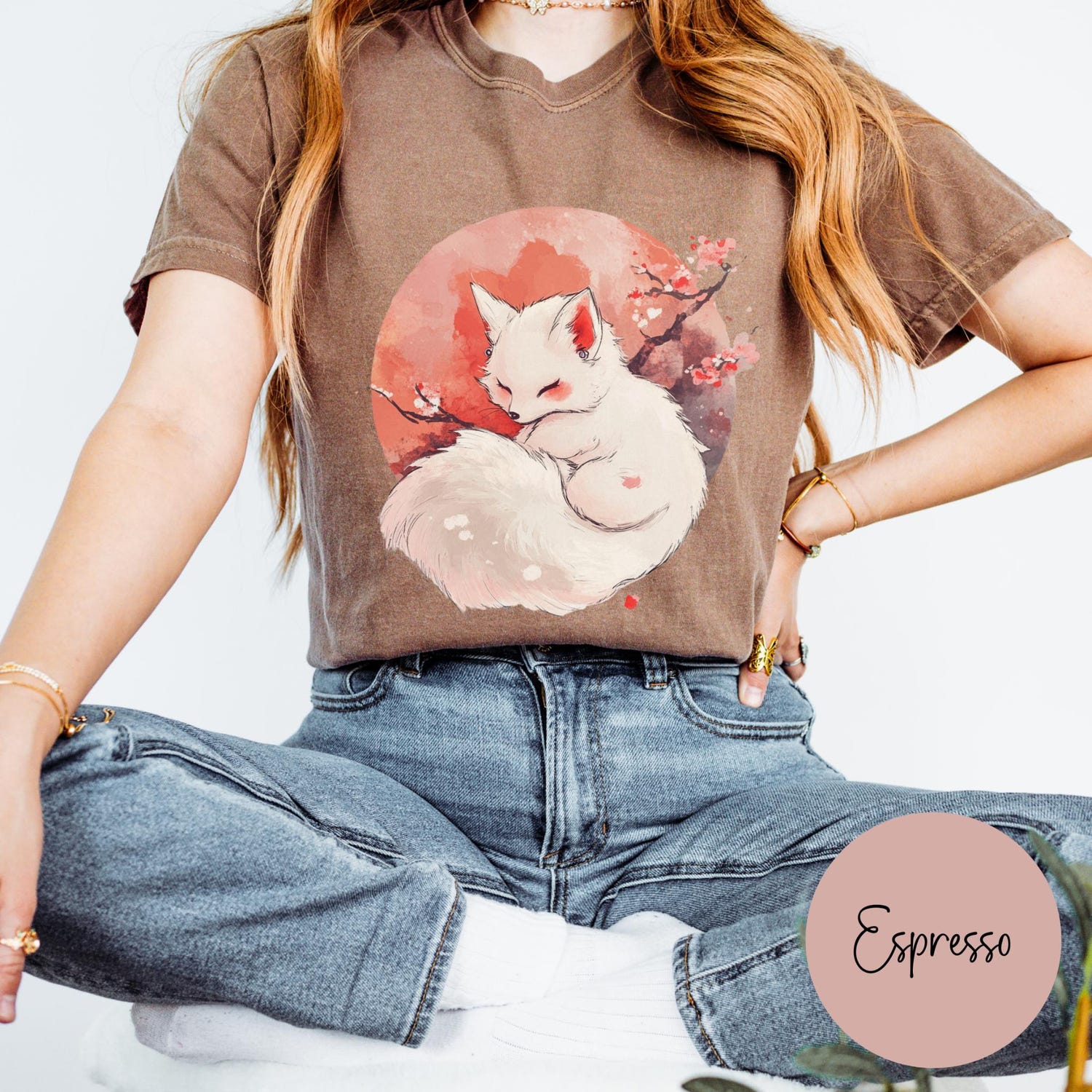 Comfort Colors Fox Tshirt | Moon & Cherry Blossom Graphic Tee, Cute Sleeping Fox Animal Top, Gift for Nature Lover, Japanese Aesthetic Shirt