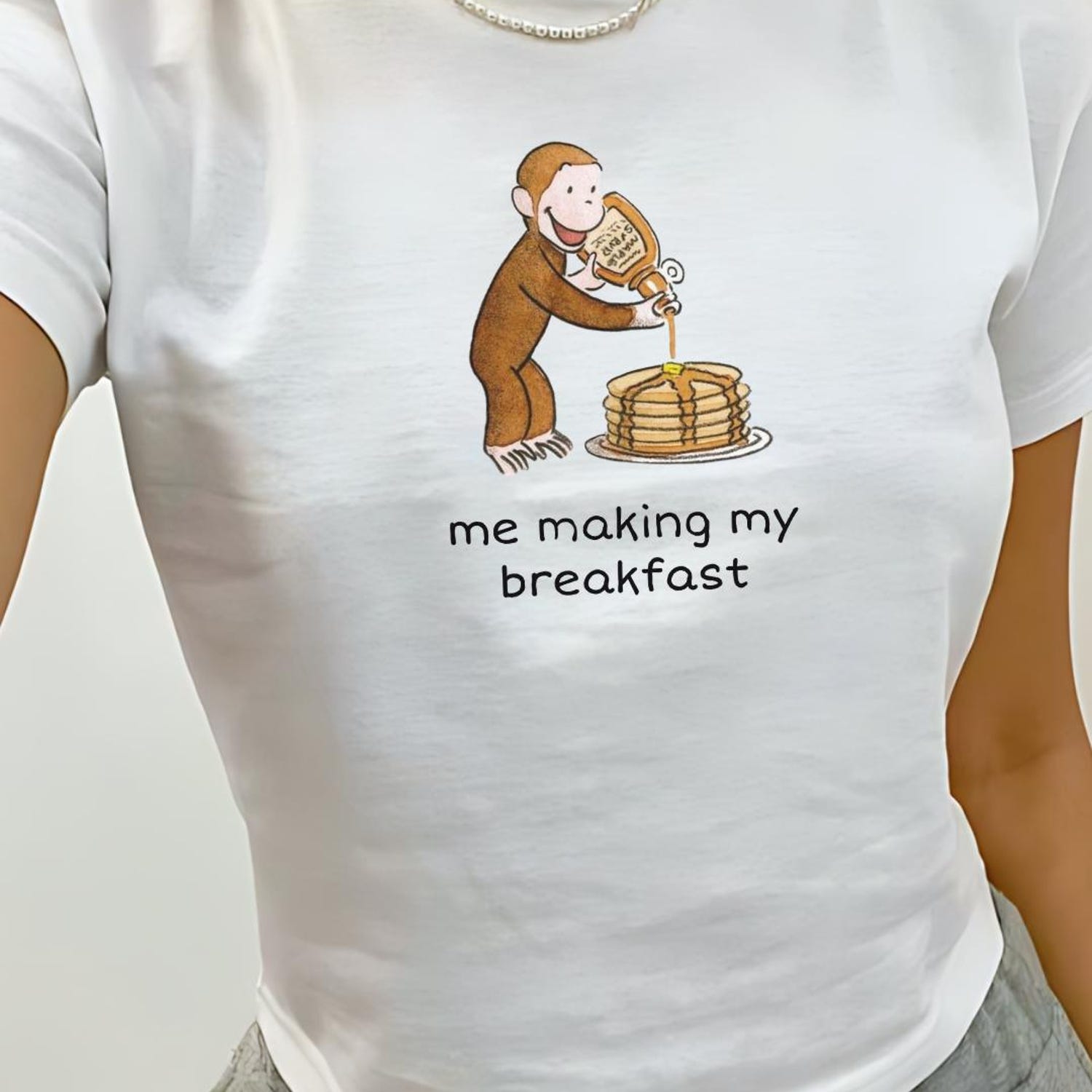 Breakfast Pancakes Baby Tee, Retro Monkey Graphic Top, Coquette Clothing, Vintage Graphic Tee, Pinterest Aesthetic, 90s Tshirt, Y2k Style