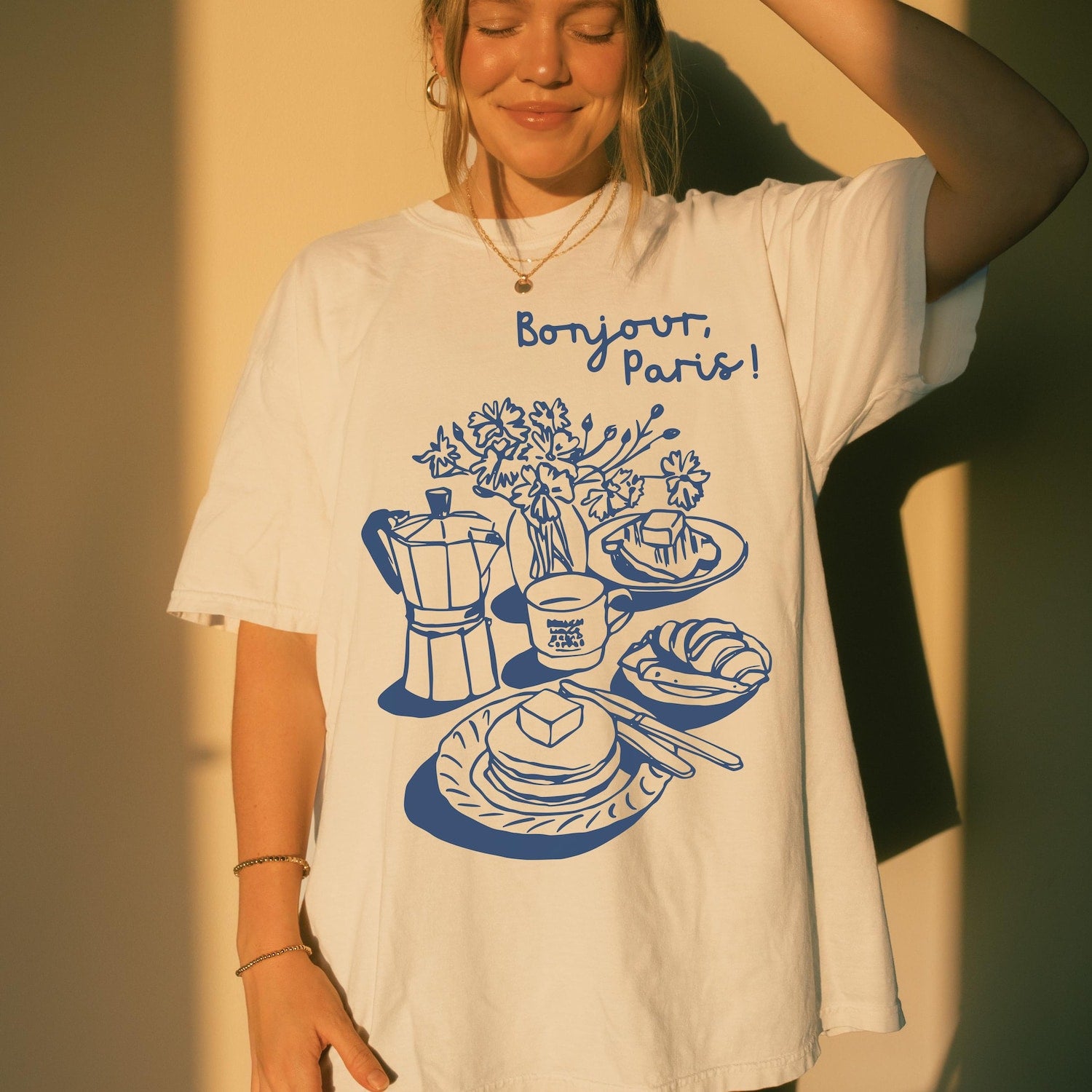 Bonjour Paris Shirt, French Breakfast Graphic Tee, Oversized Parisian Chic T-shirt, French Aesthetic TShirt, Pancakes and Coffee Vintage Top