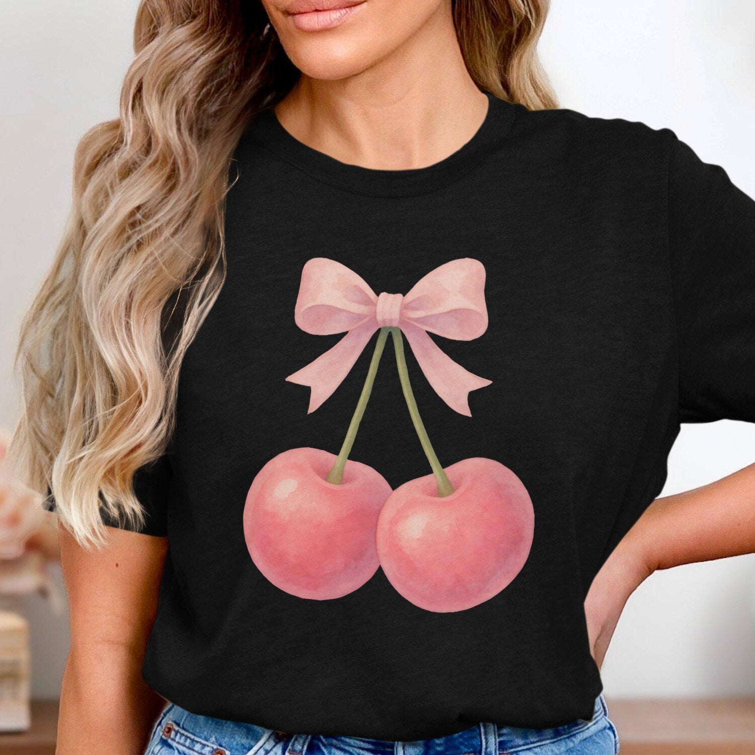 Cherry Bow Shirt, Coquette Aesthetic T-Shirt, Y2K Pink Fruit Tee, Girly Graphic Cherry Top, Soft Cute Kawaii Pastel Bowcore Shirt