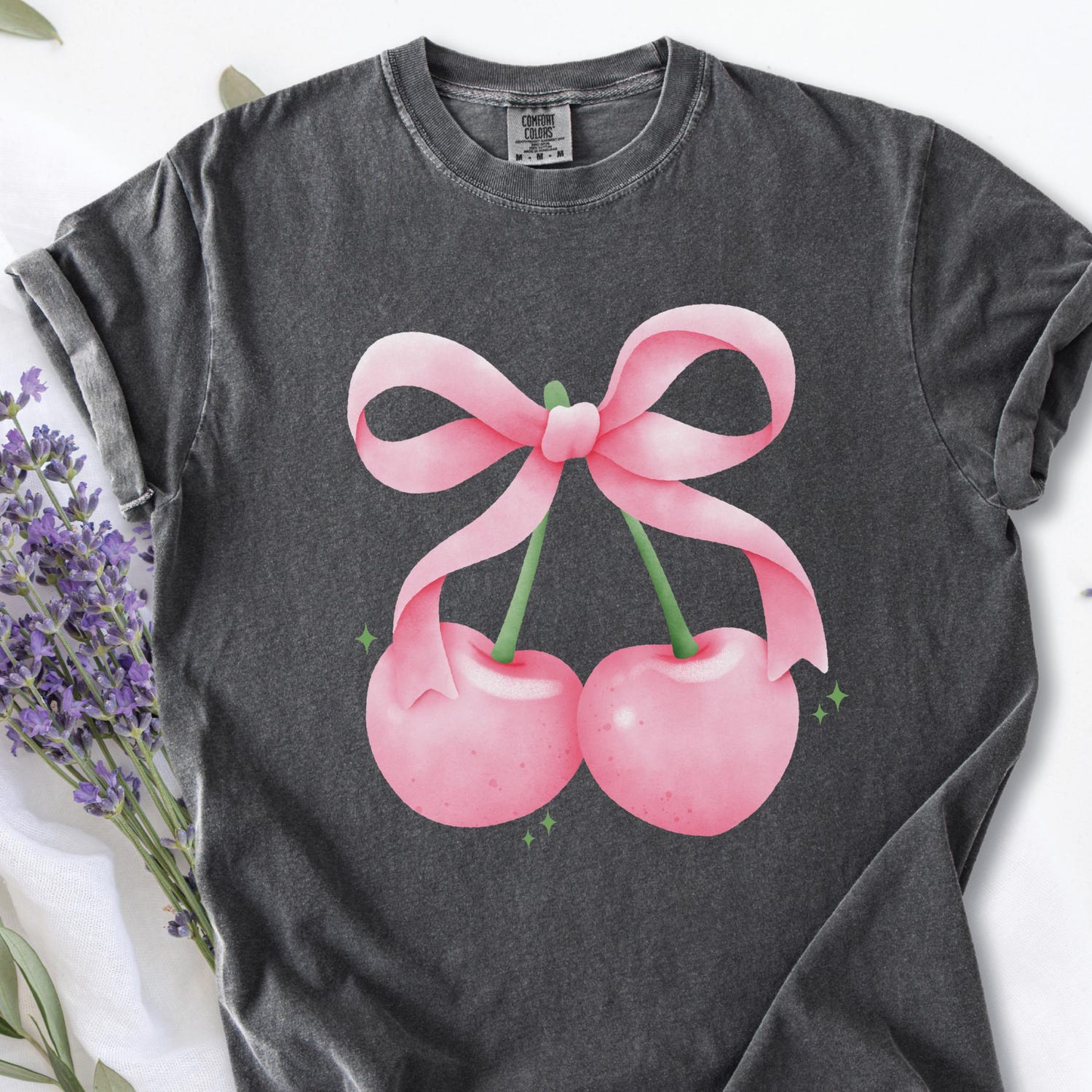 Cherry Bow Coquette Shirt Comfort Colors Cherries Shirt, Cute Bow Graphic Tee Cottagecore Aesthetic Soft Summer Fruit Girly Top Social Media