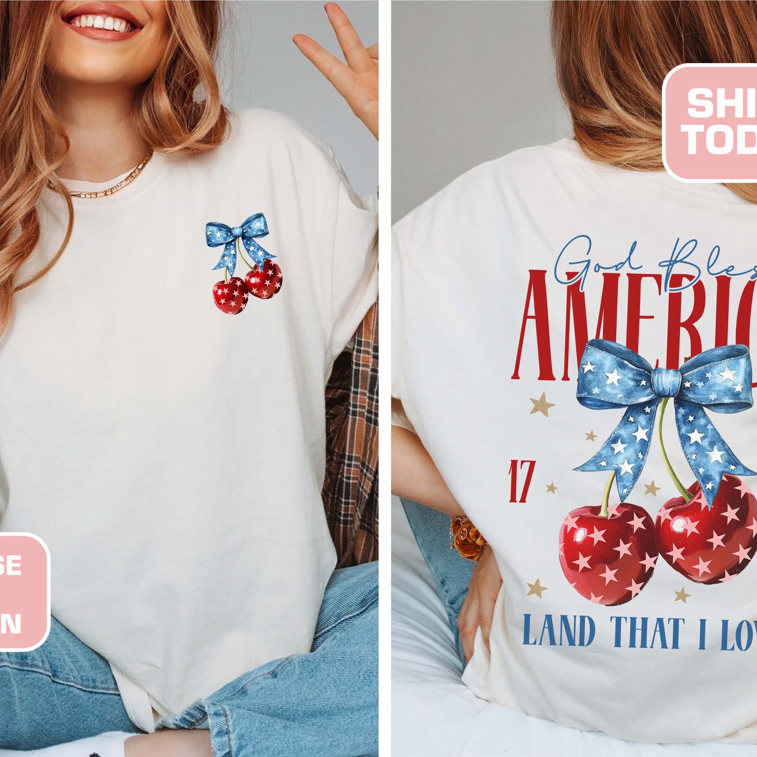 Coquette Cherry USA Shirt â Oversized 4th of July Tee, Comfort ColorsÂ® Front & Back Print, Bow Patriotic Graphic T-Shirt, Girly Summer Top