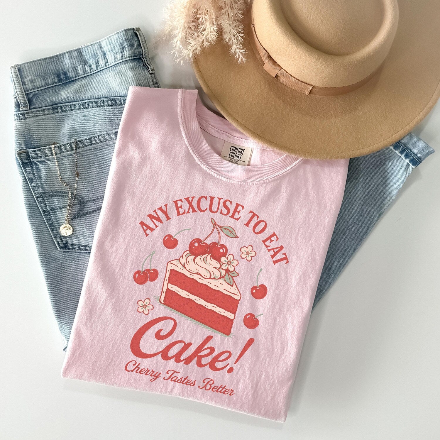 Any Excuse to Eat Cake Cherry Dessert Shirt, Vintage Cherry Cake Graphic Tee, Funny Foodie Aesthetic TShirt, Sweet Treat Summer Outfit