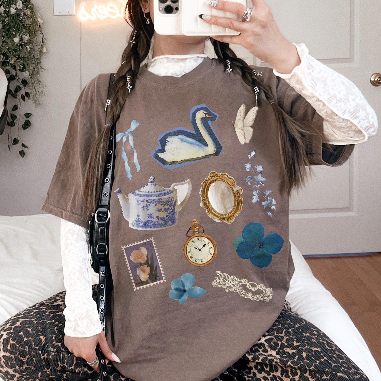 Trinket Collage Shirt, Vintage Swan Tee, Chinoiserie Coquette, Soft Cottagecore, Downtown Girl Outfit, Oversized Boho, Comfort Colors Unisex