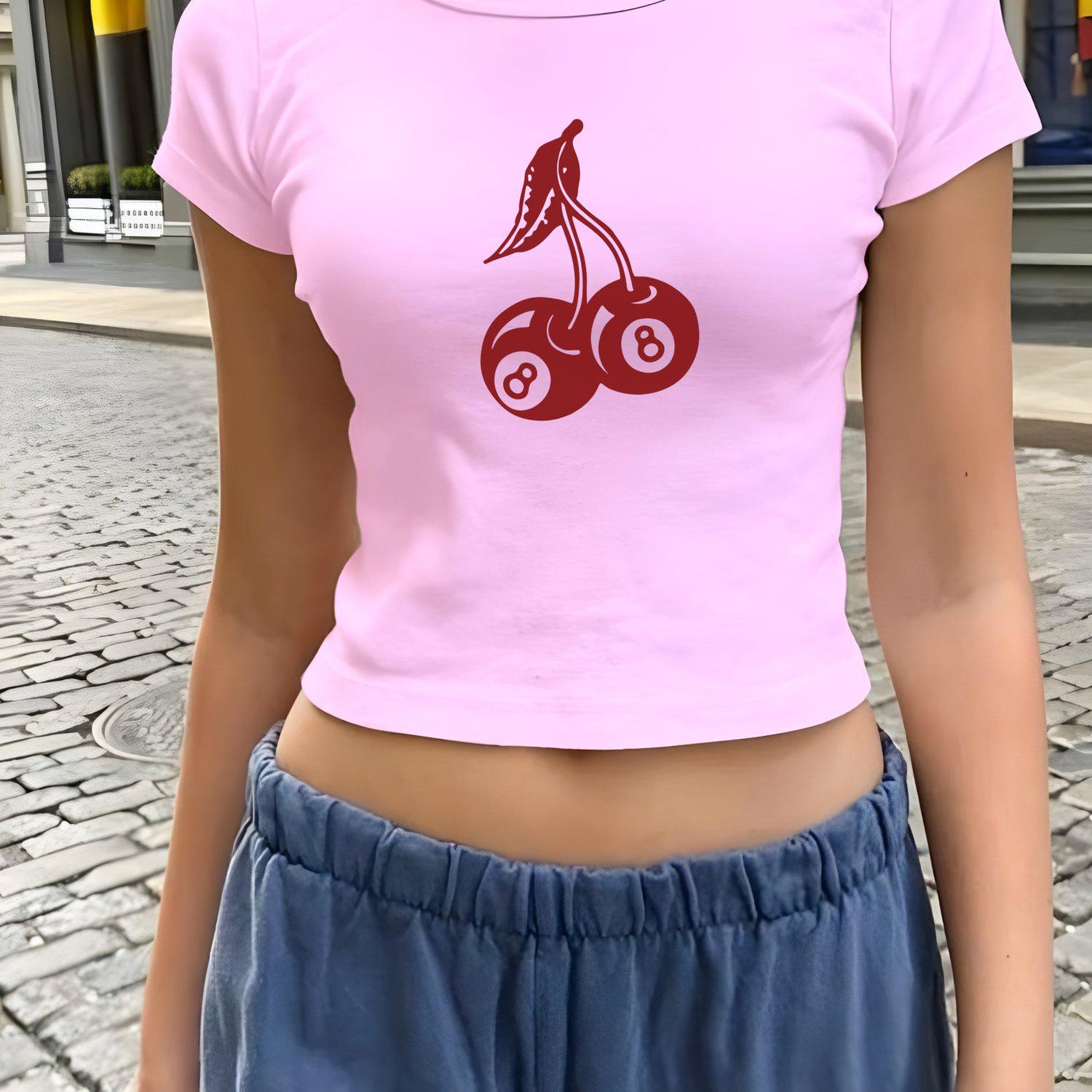 Cute Cherry 8 Ball Baby Tee, Y2K Women's Fitted Tee, Retro 90s Top, Trendy Y2K Fashion Crop Top, Y2K Clothing, Stylish Vintage Shirt