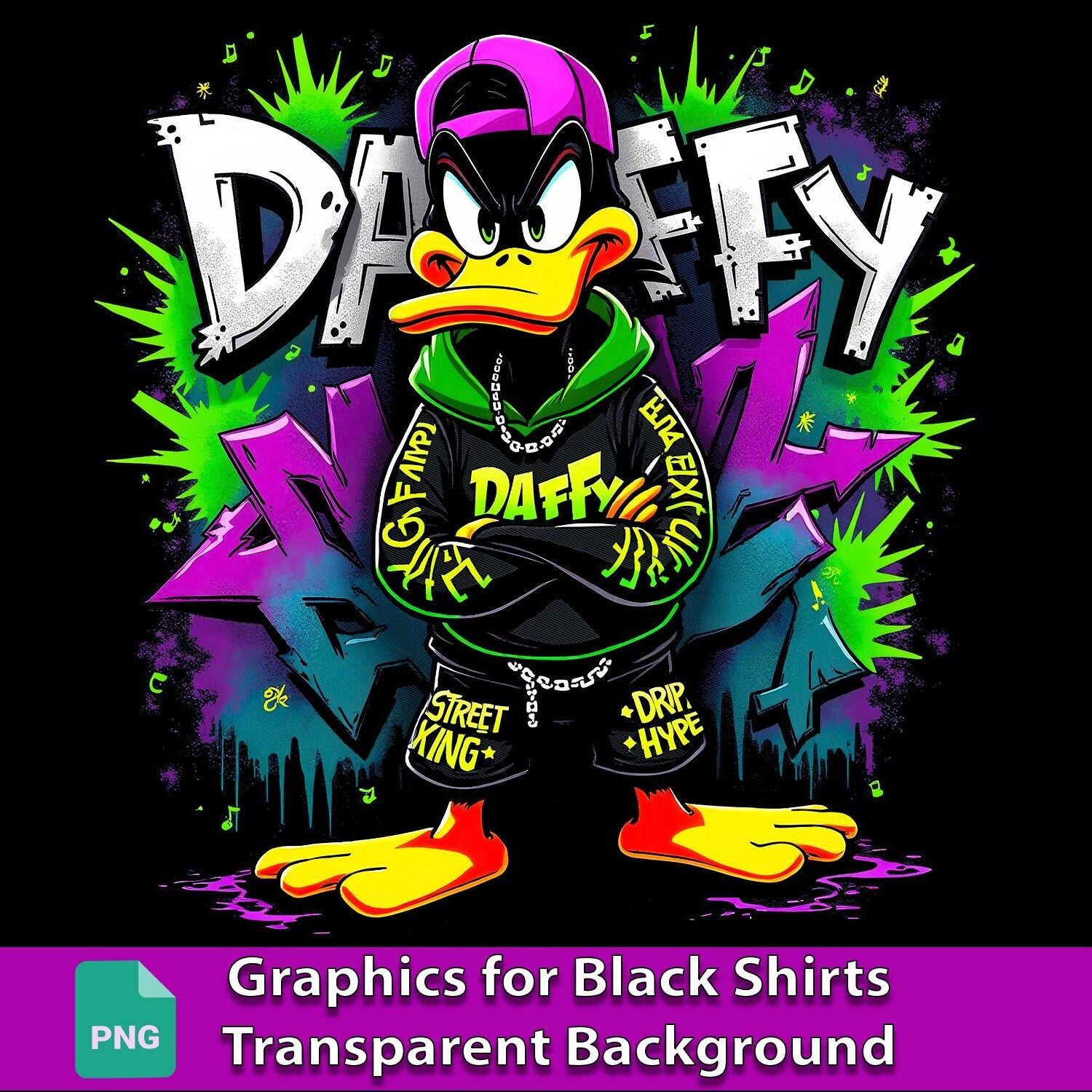 Cartoon Character T-Shirt Design Bundle: Black Fabric PNG (Digital Download) 300 DPI